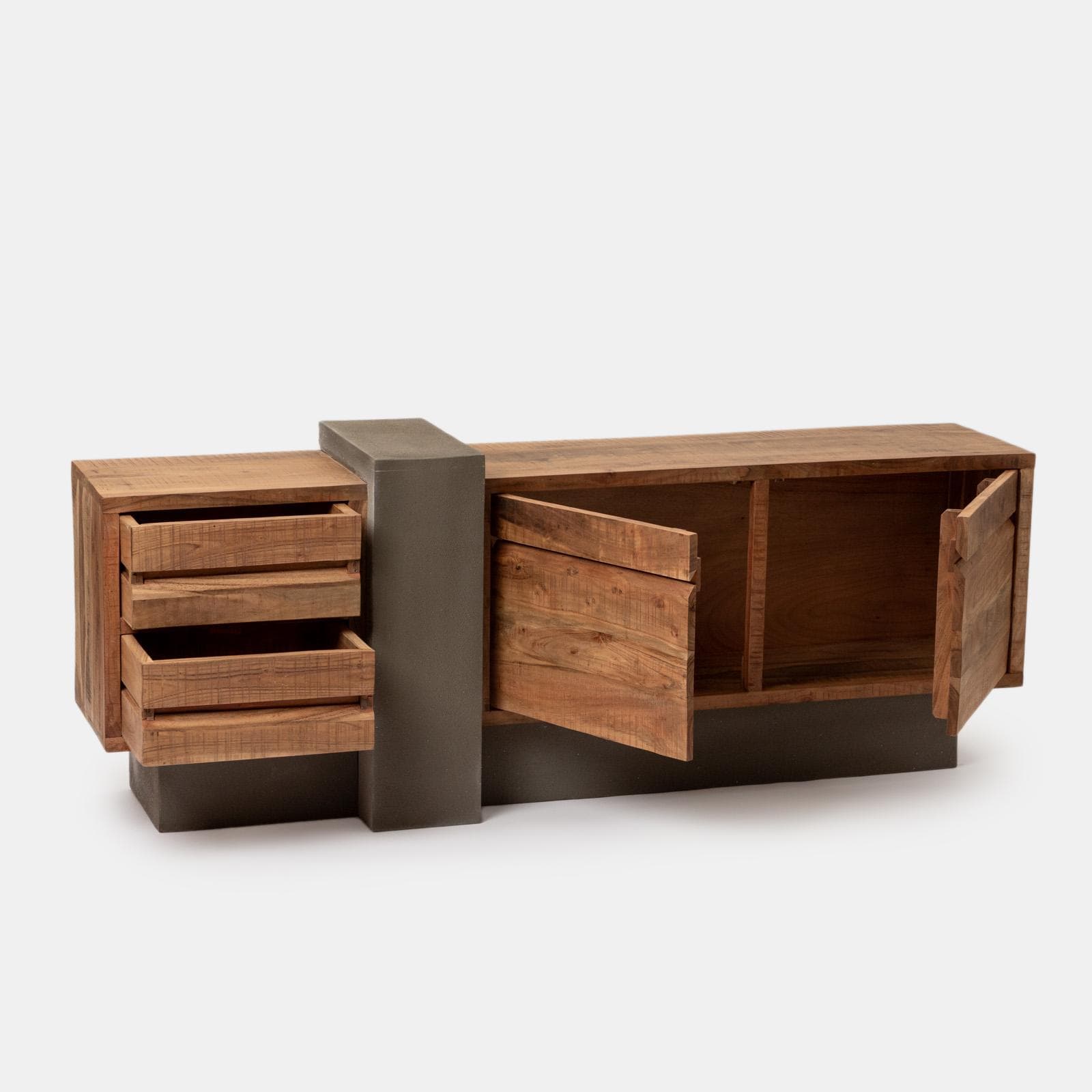 Mobile porta tv 175x60h cm in legno di acacia ed effetto pietra con 2 ante e 2 cassetti e led integrato - Mhalt
