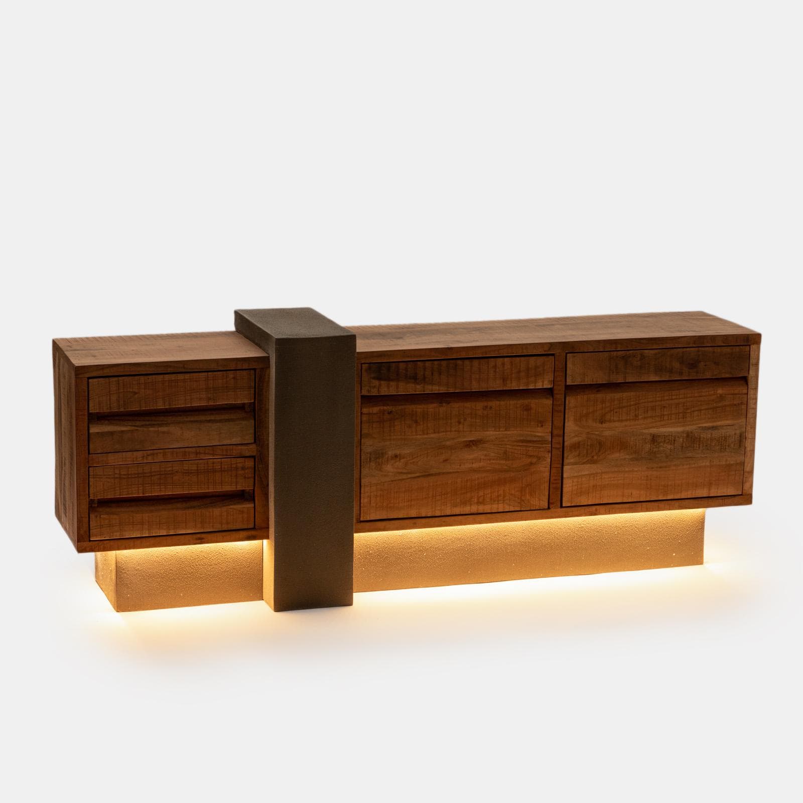 Mobile porta tv 175x60h cm in legno di acacia ed effetto pietra con 2 ante e 2 cassetti e led integrato - Mhalt