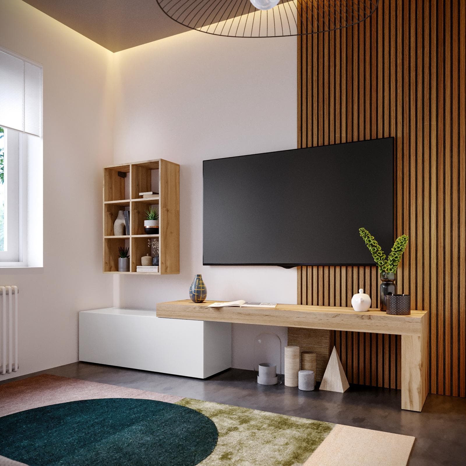 Mobile porta tv 180-290x40h cm rovere wotan e bianco lucido con 1 anta - Kayros