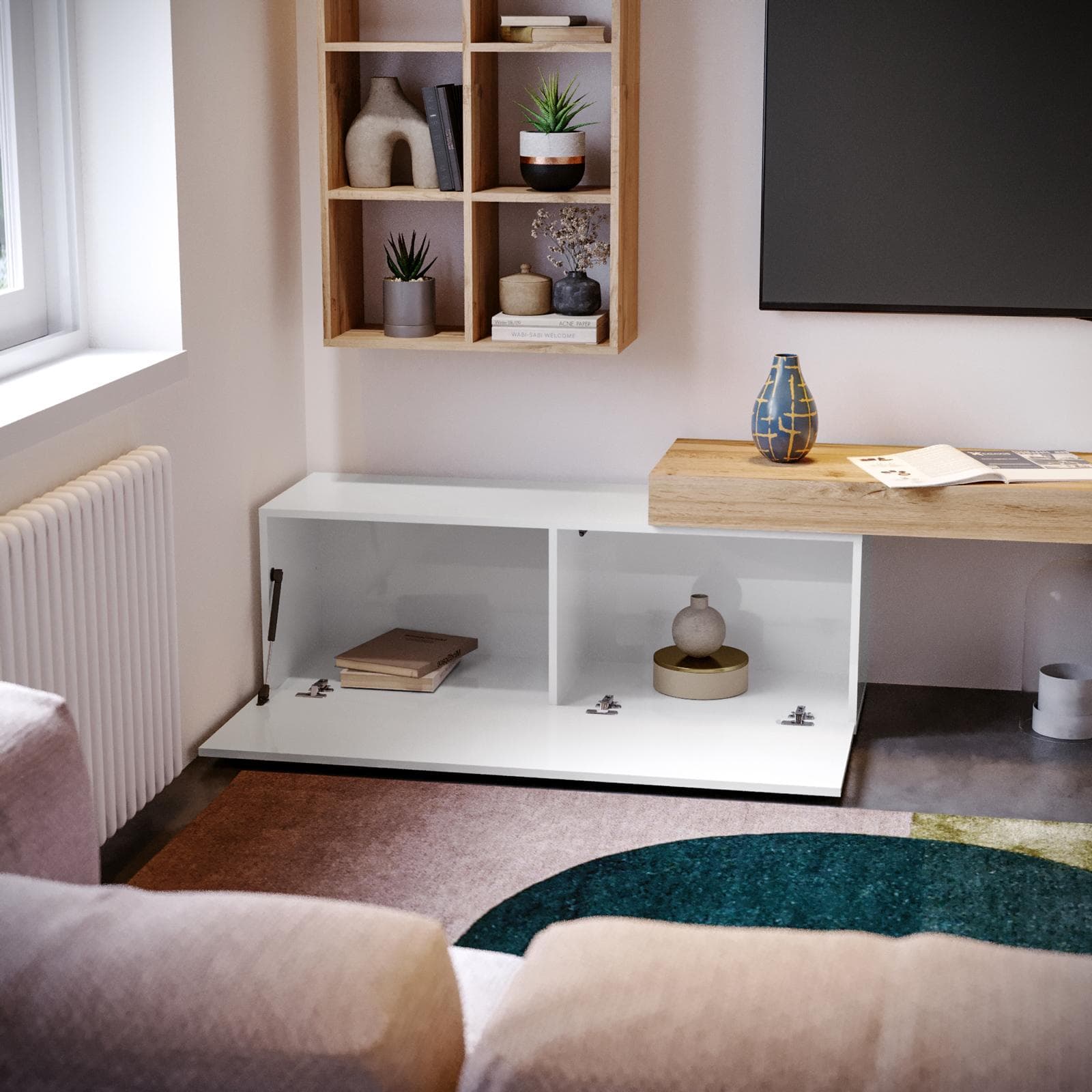 Mobile porta tv 180-290x40h cm rovere wotan e bianco lucido con 1 anta - Kayros