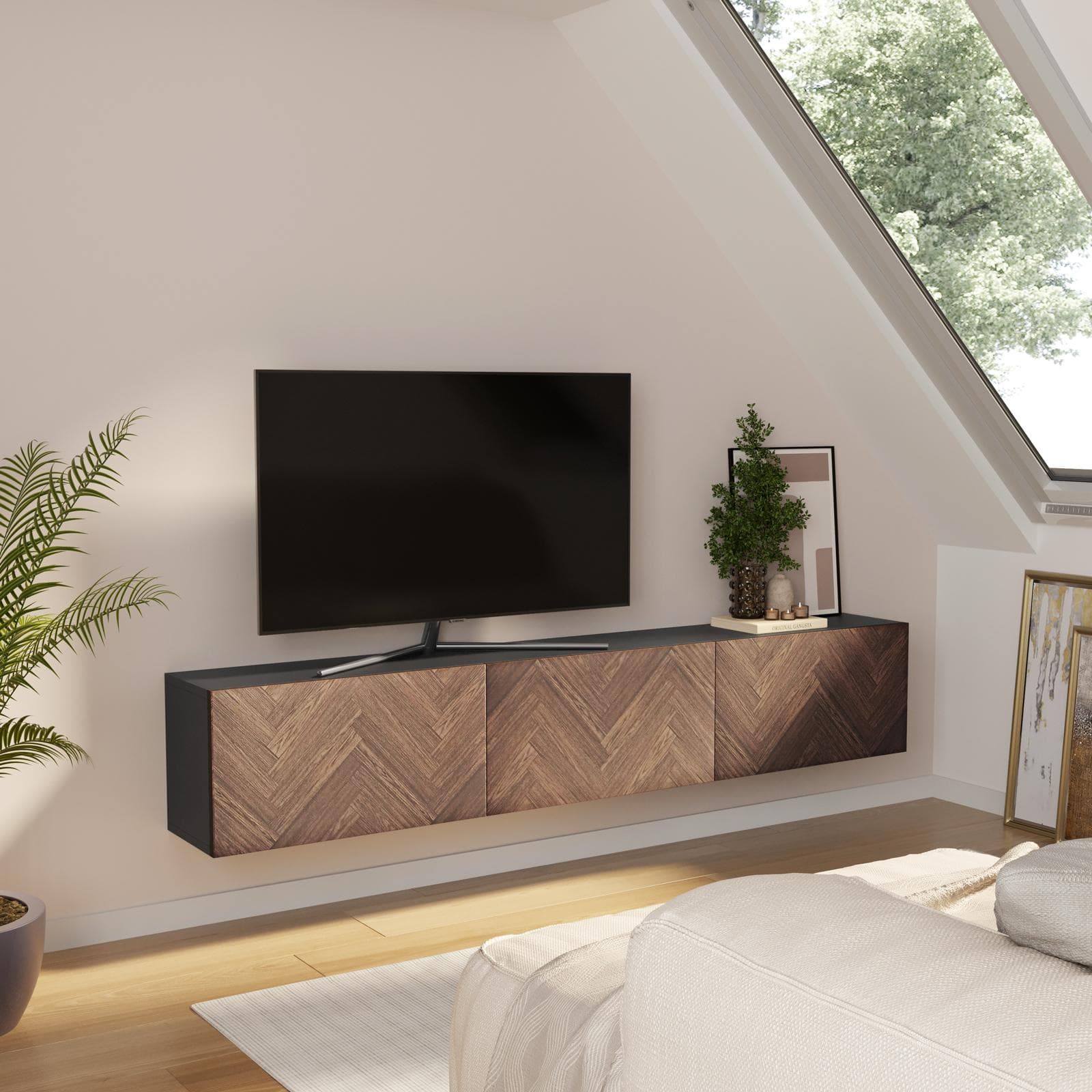 Mobile porta tv 180 cm antracite e noce effetto parquet con 3 ante - Betka