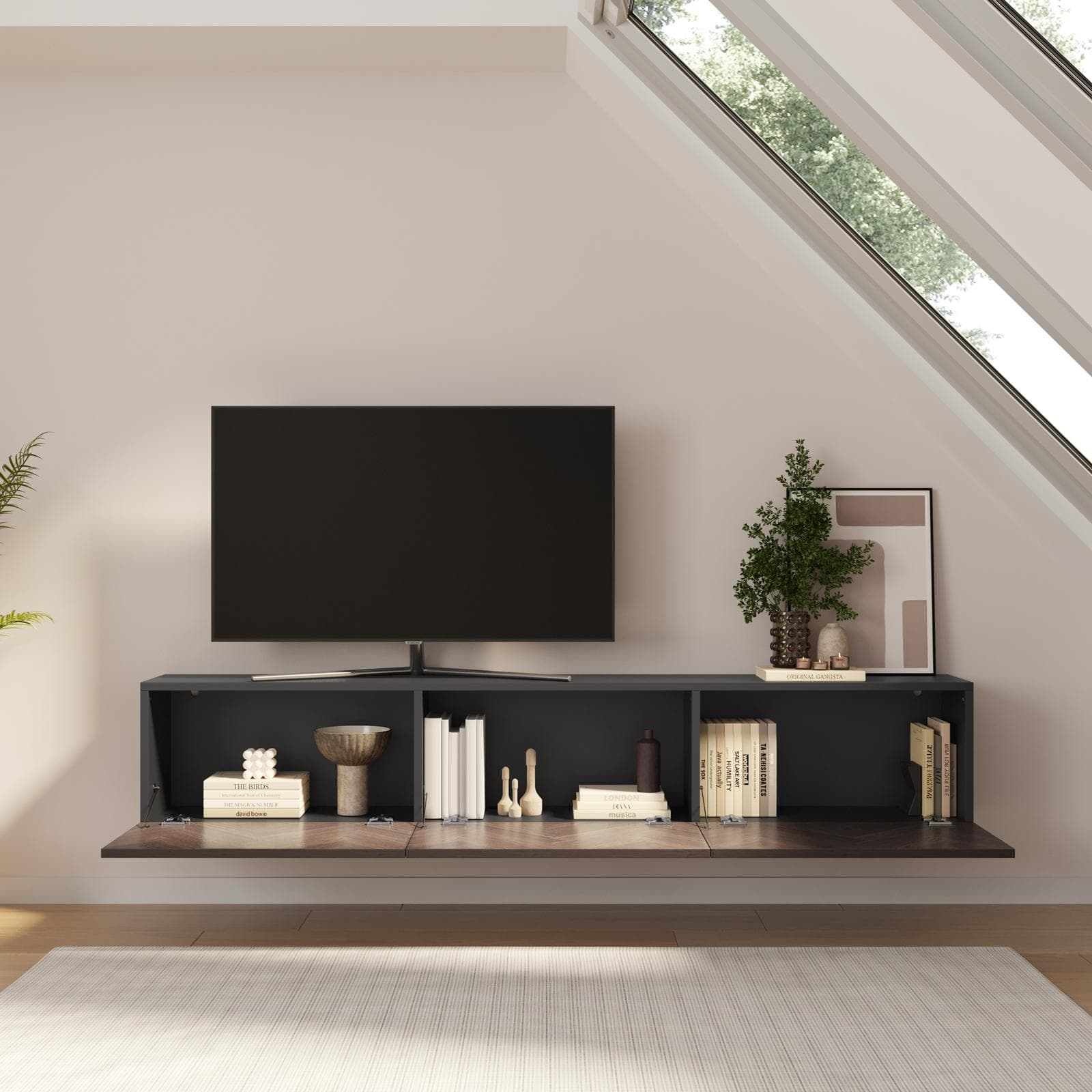Mobile porta tv 180 cm antracite e noce effetto parquet con 3 ante - Betka