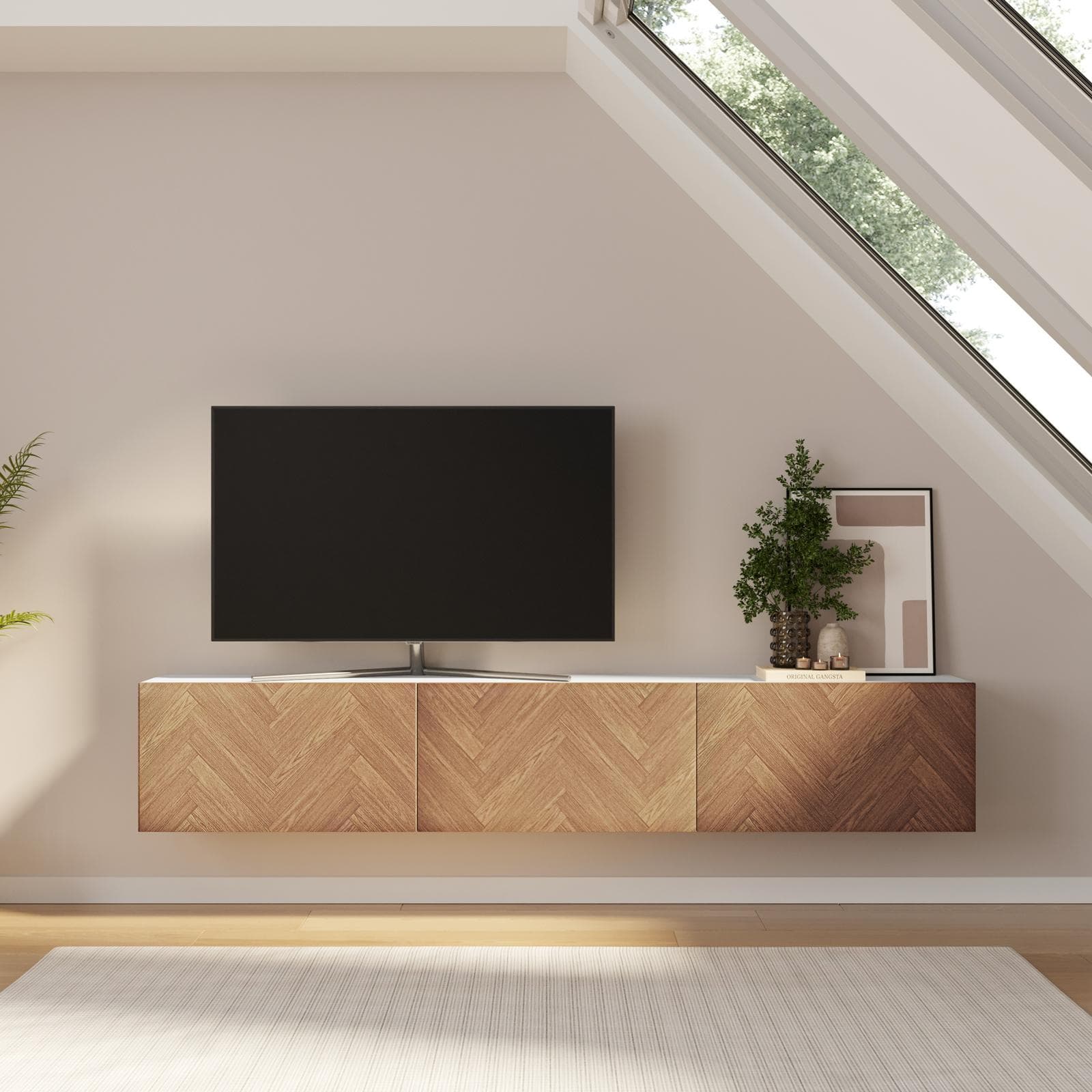 Mobile porta tv 180 cm bianco e rovere effetto parquet con 3 ante - Betka