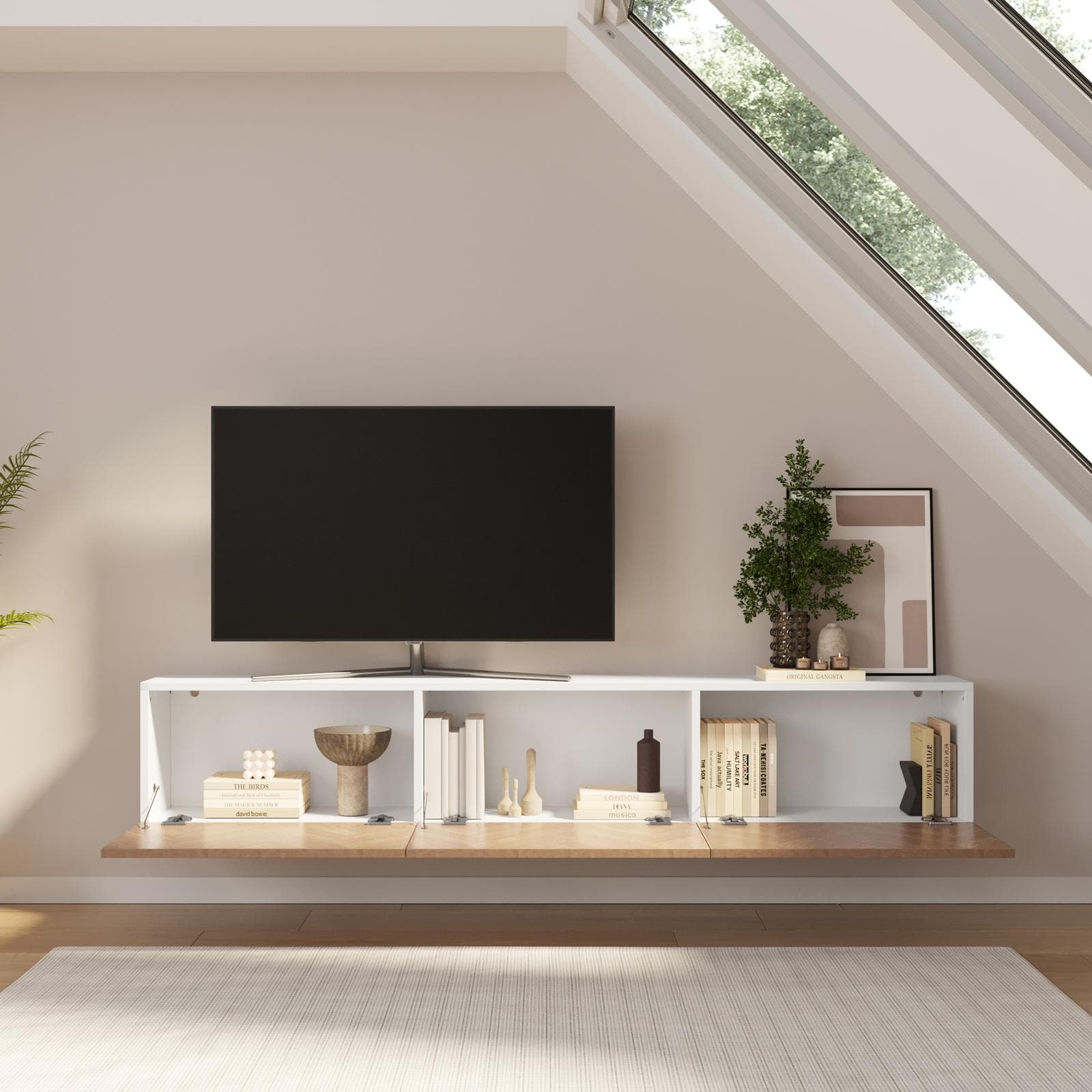 Mobile porta tv 180 cm bianco e rovere effetto parquet con 3 ante - Betka