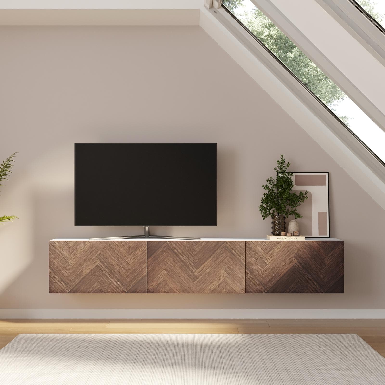 Mobile porta tv 180 cm bianco e noce effetto parquet con 3 ante - Betka