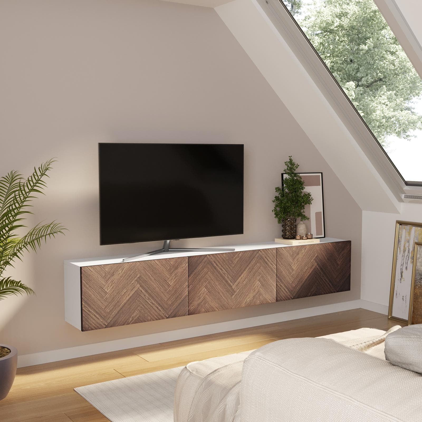 Mobile porta tv 180 cm bianco e noce effetto parquet con 3 ante - Betka