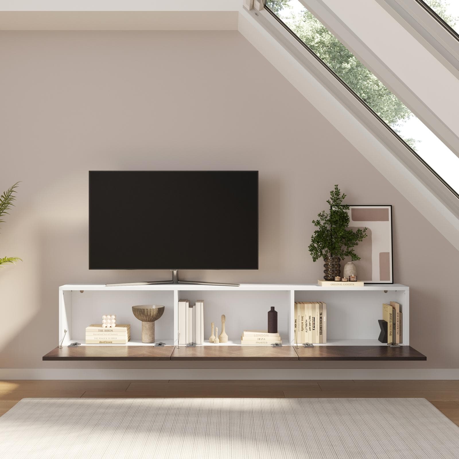 Mobile porta tv 180 cm bianco e noce effetto parquet con 3 ante - Betka