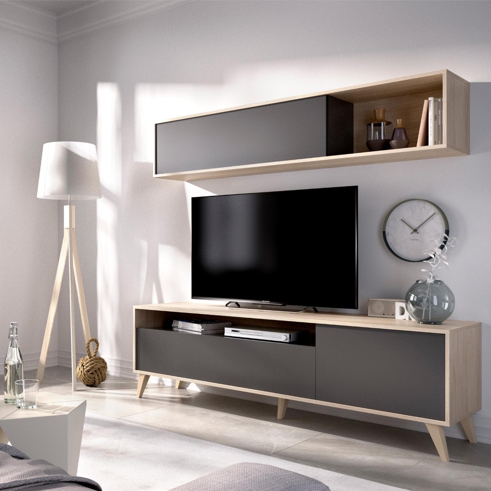 Mobile porta tv 180 cm con pensile in legno naturale e grafite - Eike