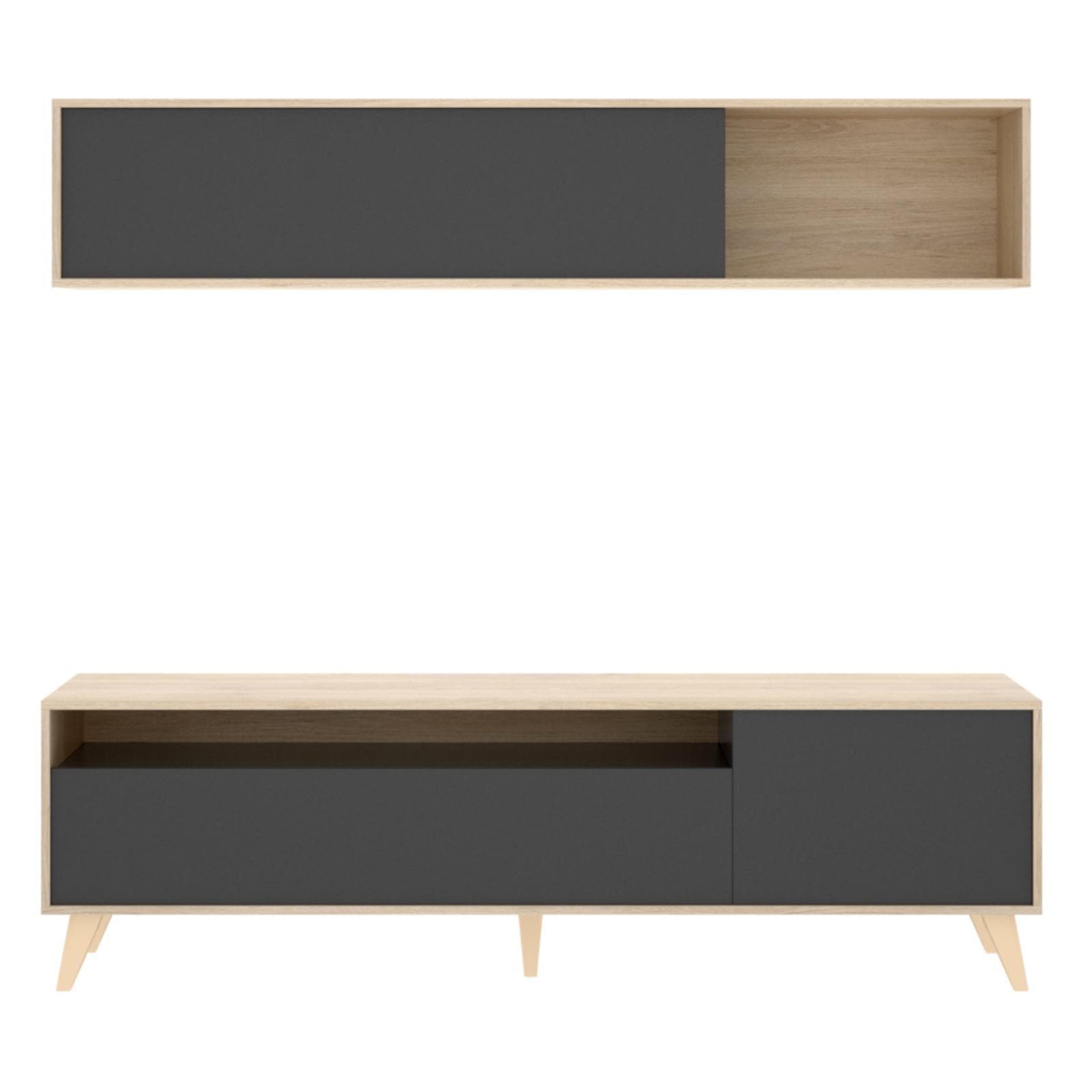 Mobile porta tv 180 cm con pensile in legno naturale e grafite - Eike