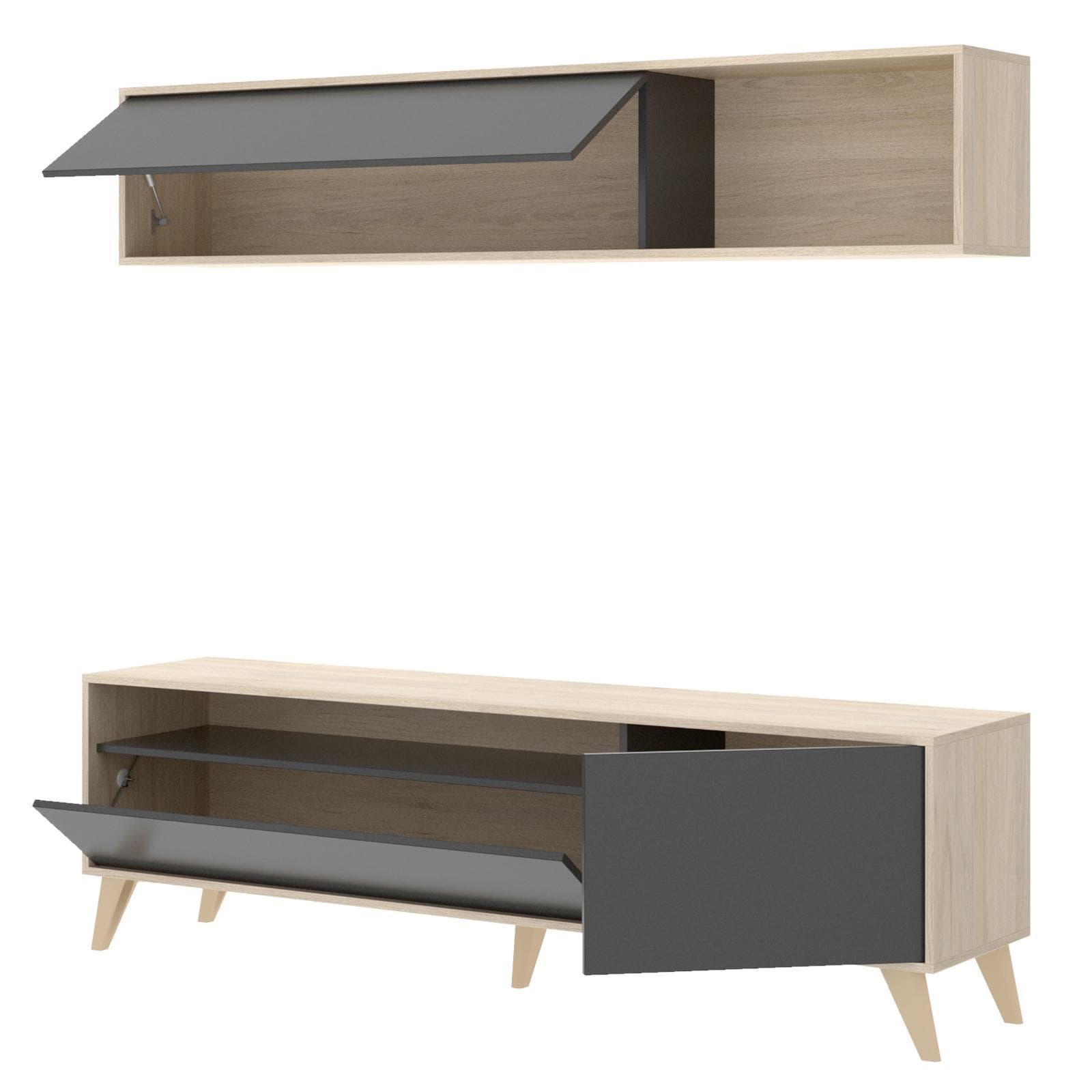 Mobile porta tv 180 cm con pensile in legno naturale e grafite - Eike