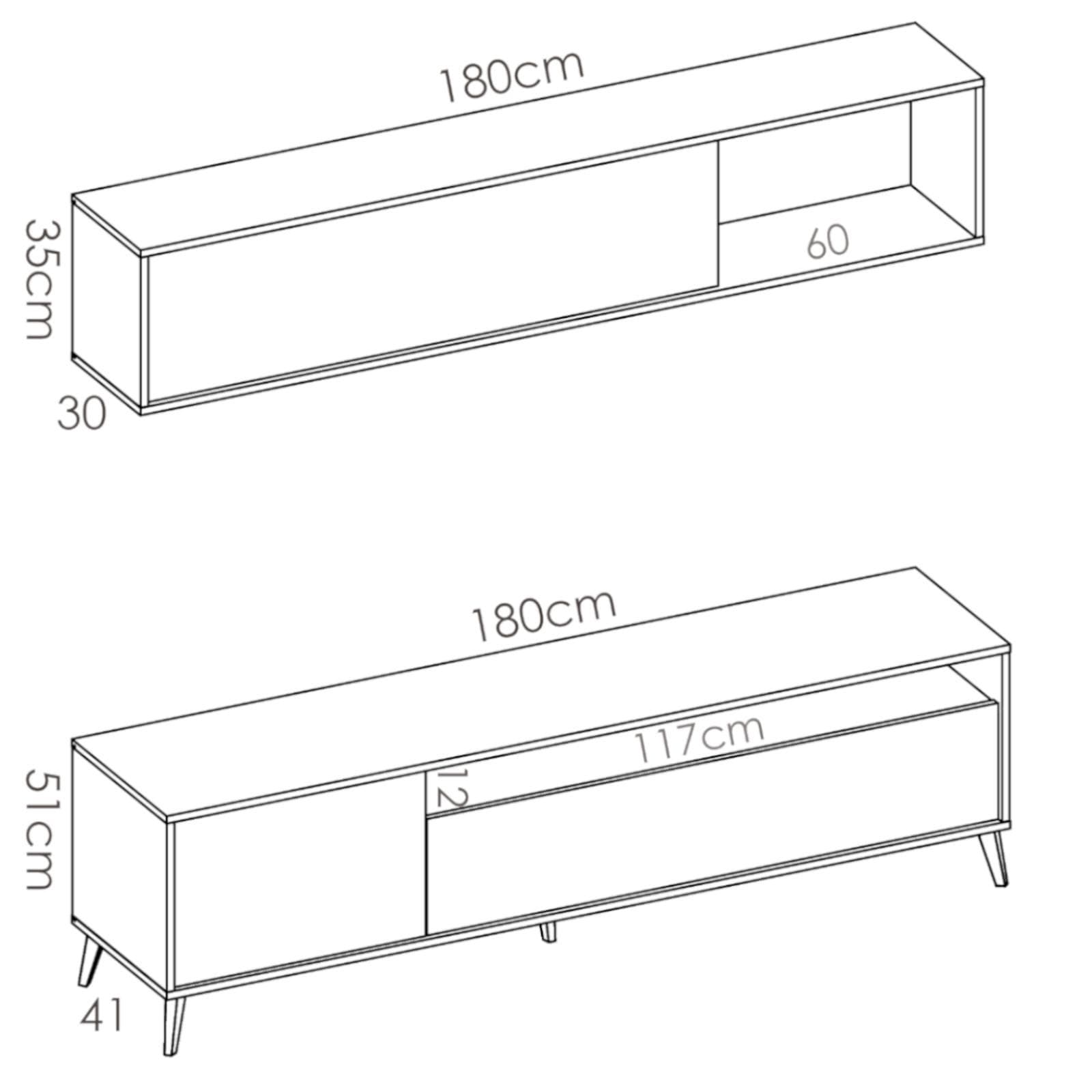 Mobile porta tv 180 cm con pensile in legno naturale e grafite - Eike