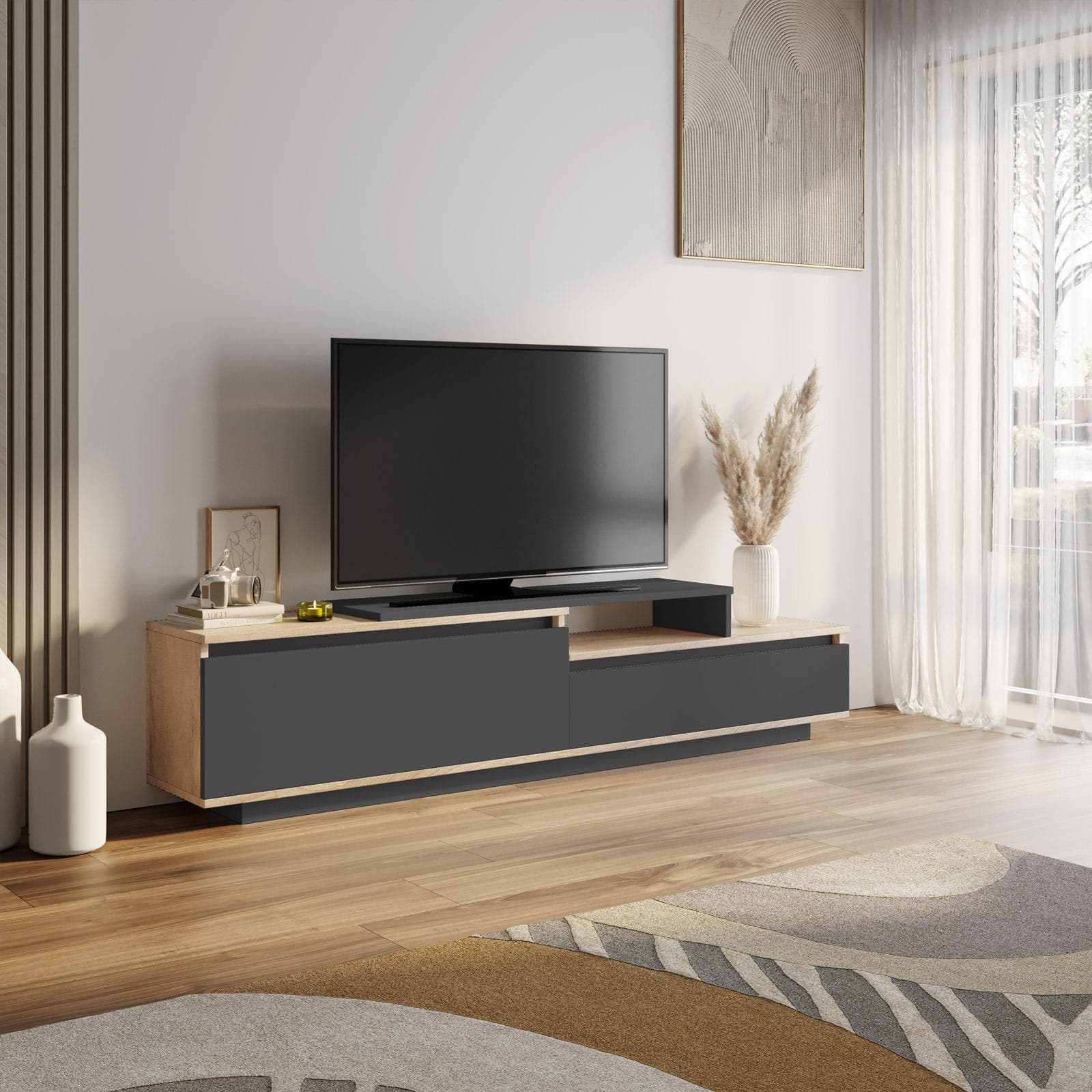 Mobile porta tv 180x42h cm effetto rovere e antracite con 2 ante - Flatter
