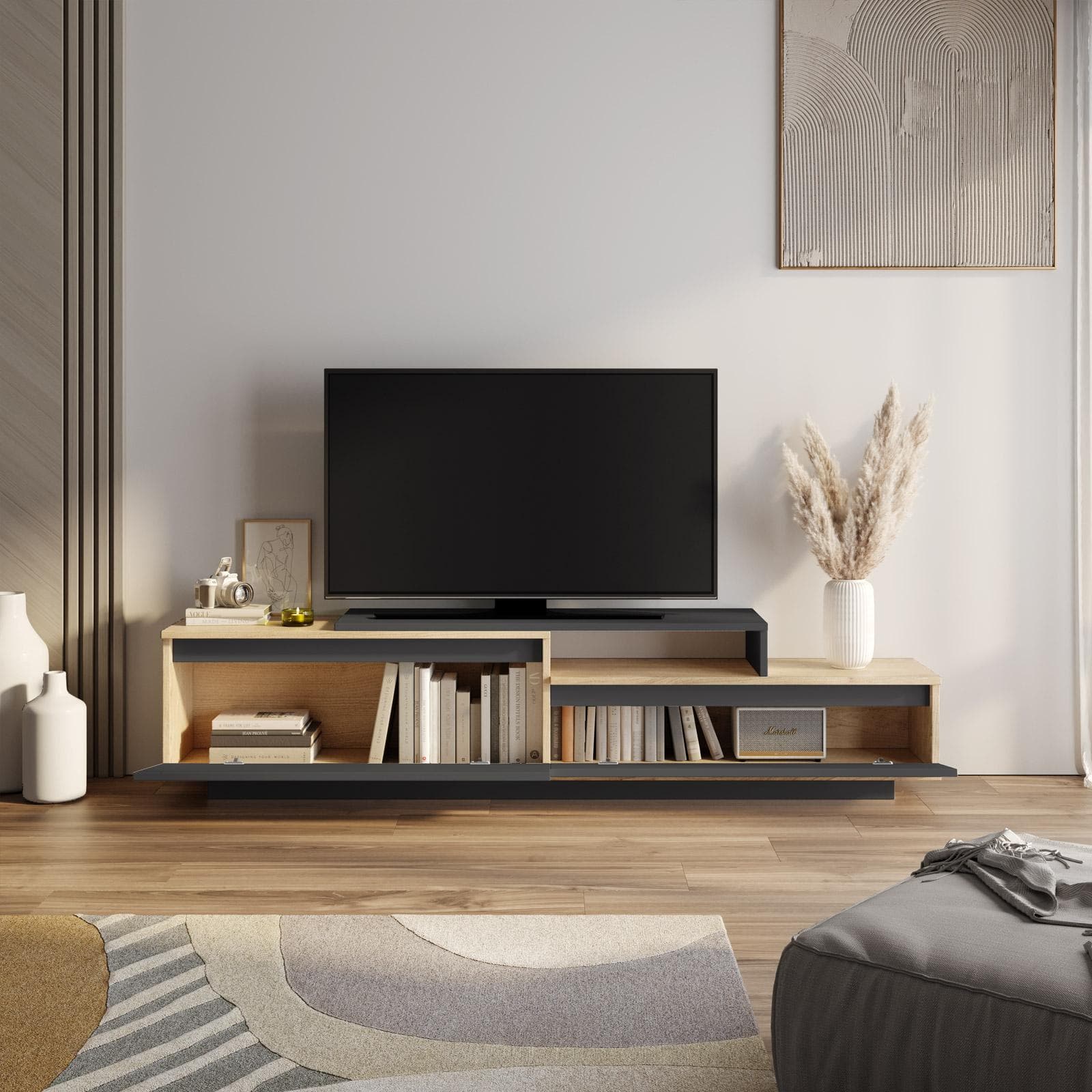 Mobile porta tv 180x42h cm effetto rovere e antracite con 2 ante - Flatter