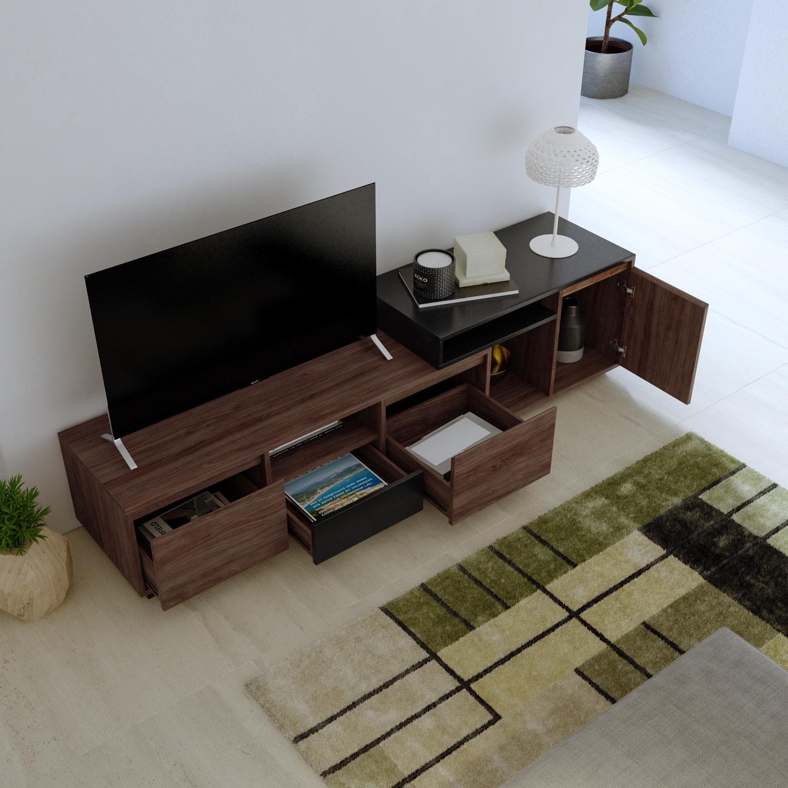 Mobile porta tv 180x46h cm effetto noce con 3 cassetti e 1 anta - Eldora
