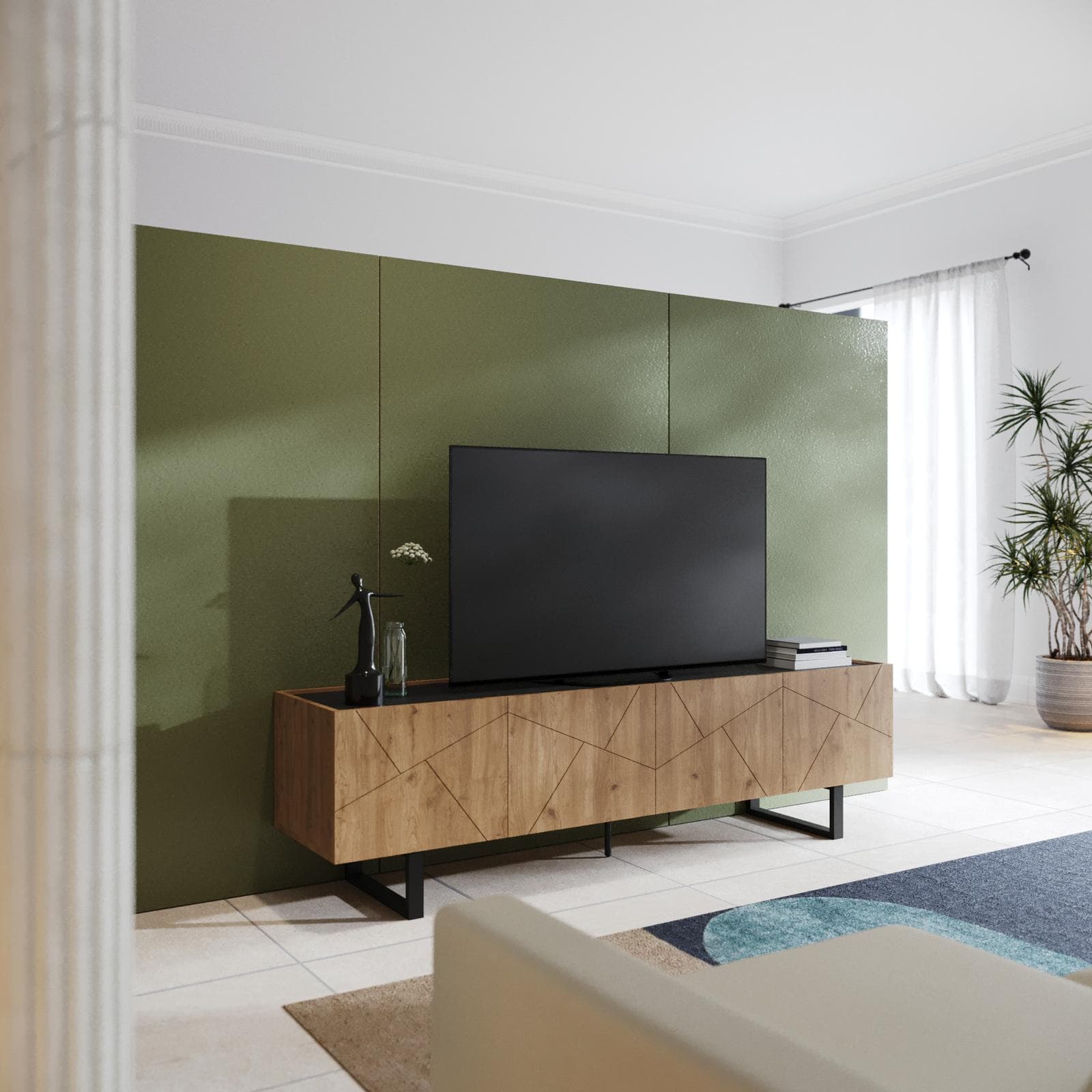 Mobile porta tv 180x52h cm effetto rovere con 4 ante e intarsi geometrici - Naoko