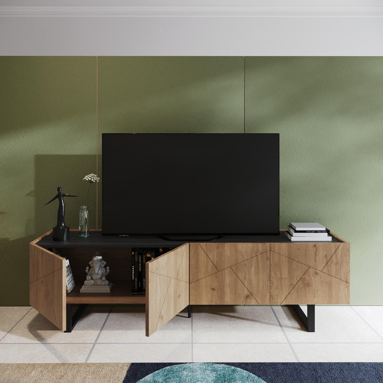 Mobile porta tv 180x52h cm effetto rovere con 4 ante e intarsi geometrici - Naoko