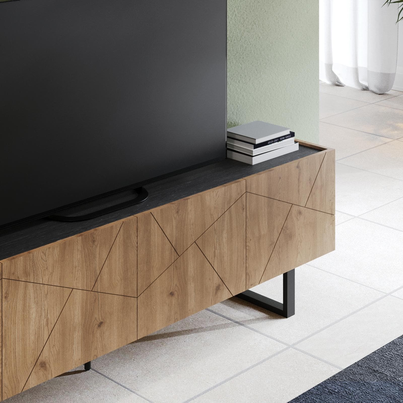Mobile porta tv 180x52h cm effetto rovere con 4 ante e intarsi geometrici - Naoko