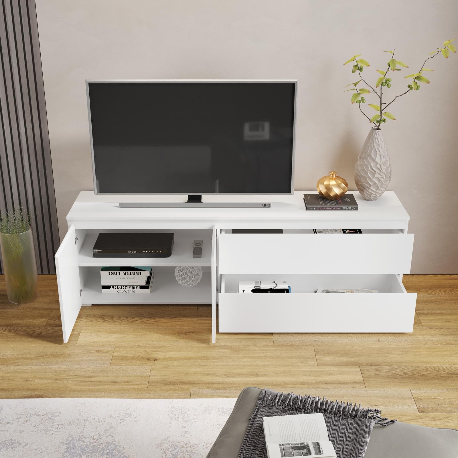 Mobile porta tv 180x55h cm bianco con 2 ante e 2 cassetti - Jules