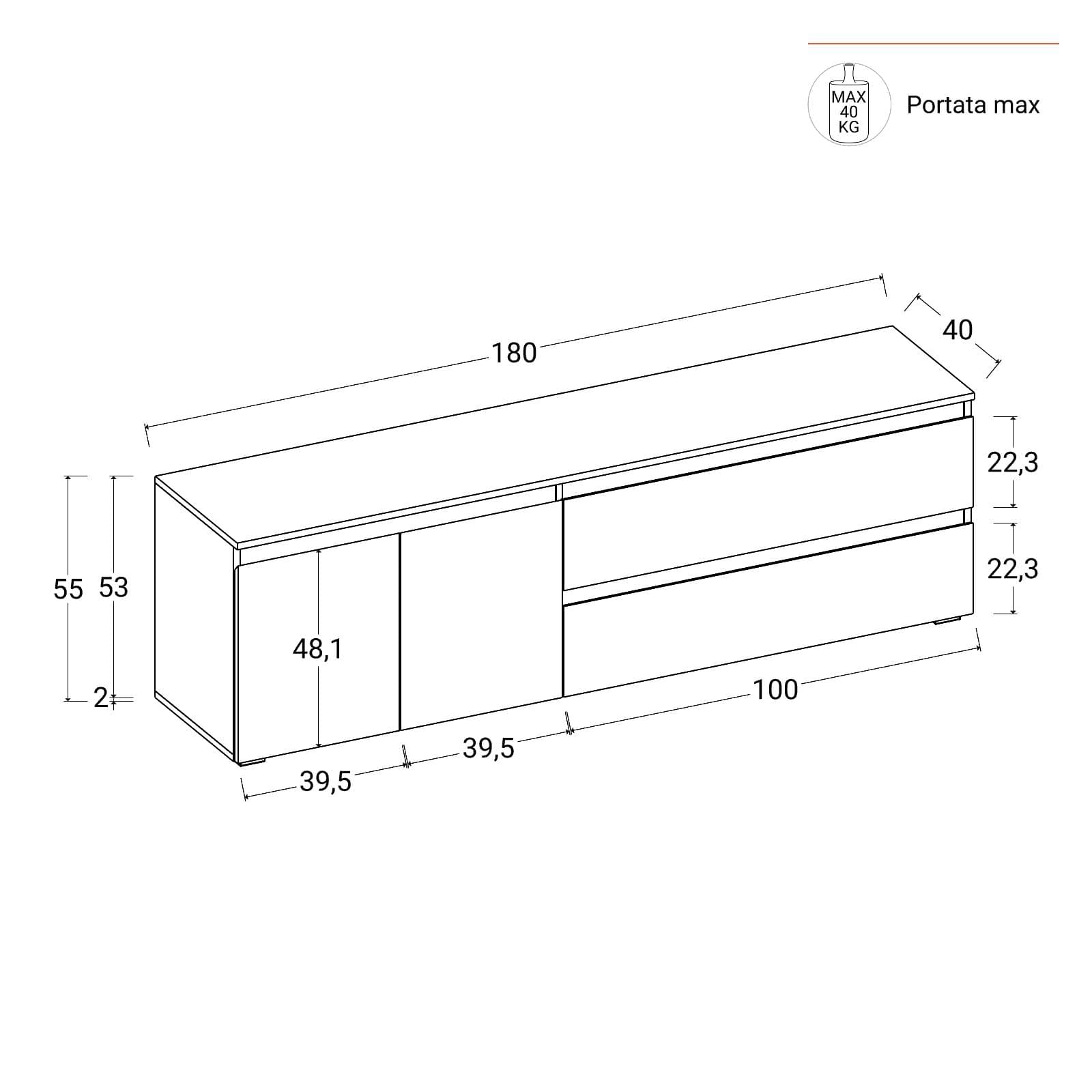 Mobile porta tv 180x55h cm bianco con 2 ante e 2 cassetti - Jules