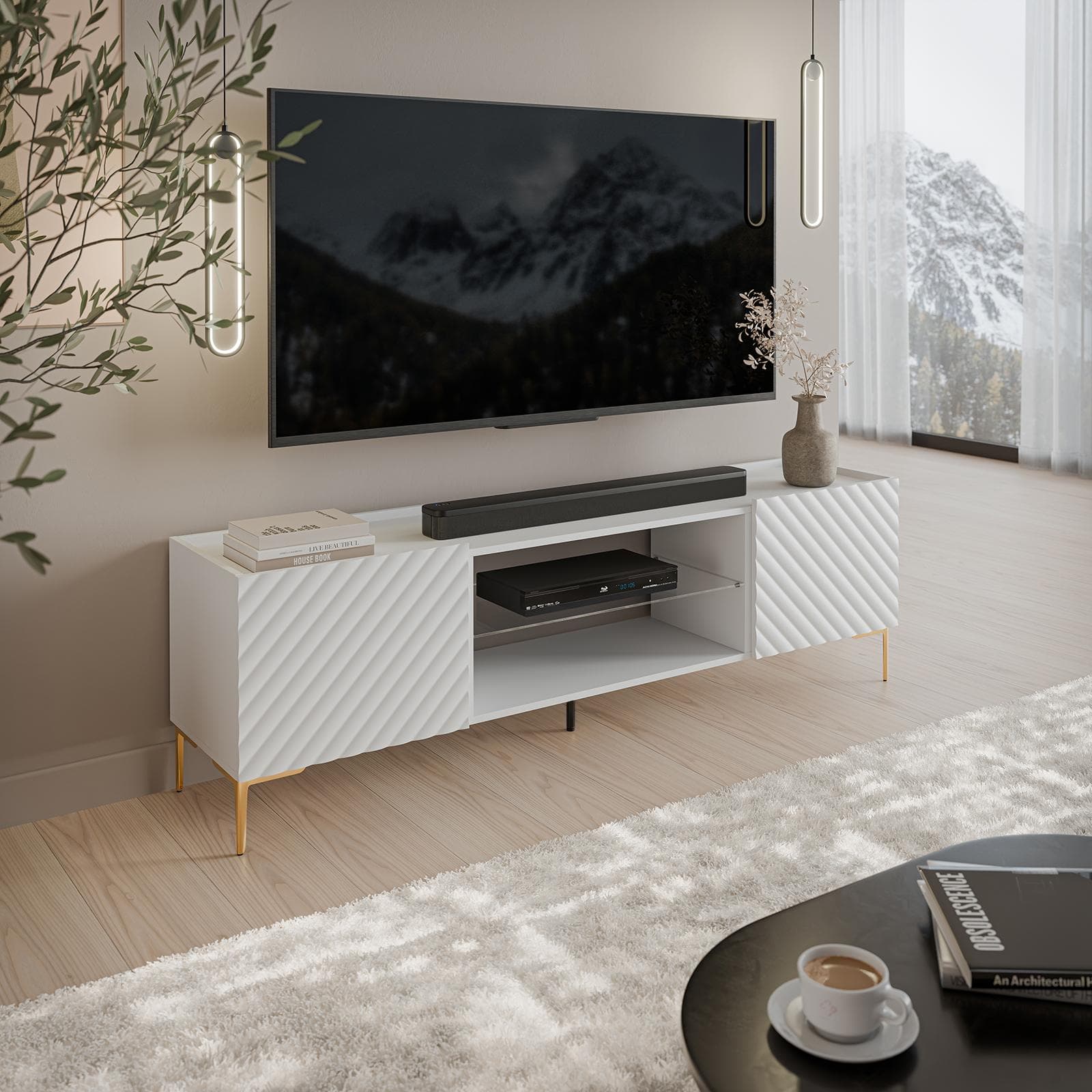 Mobile porta tv 180x54 h cm bianco cannettato obliquo con 2 ante e piedi oro - Emerald