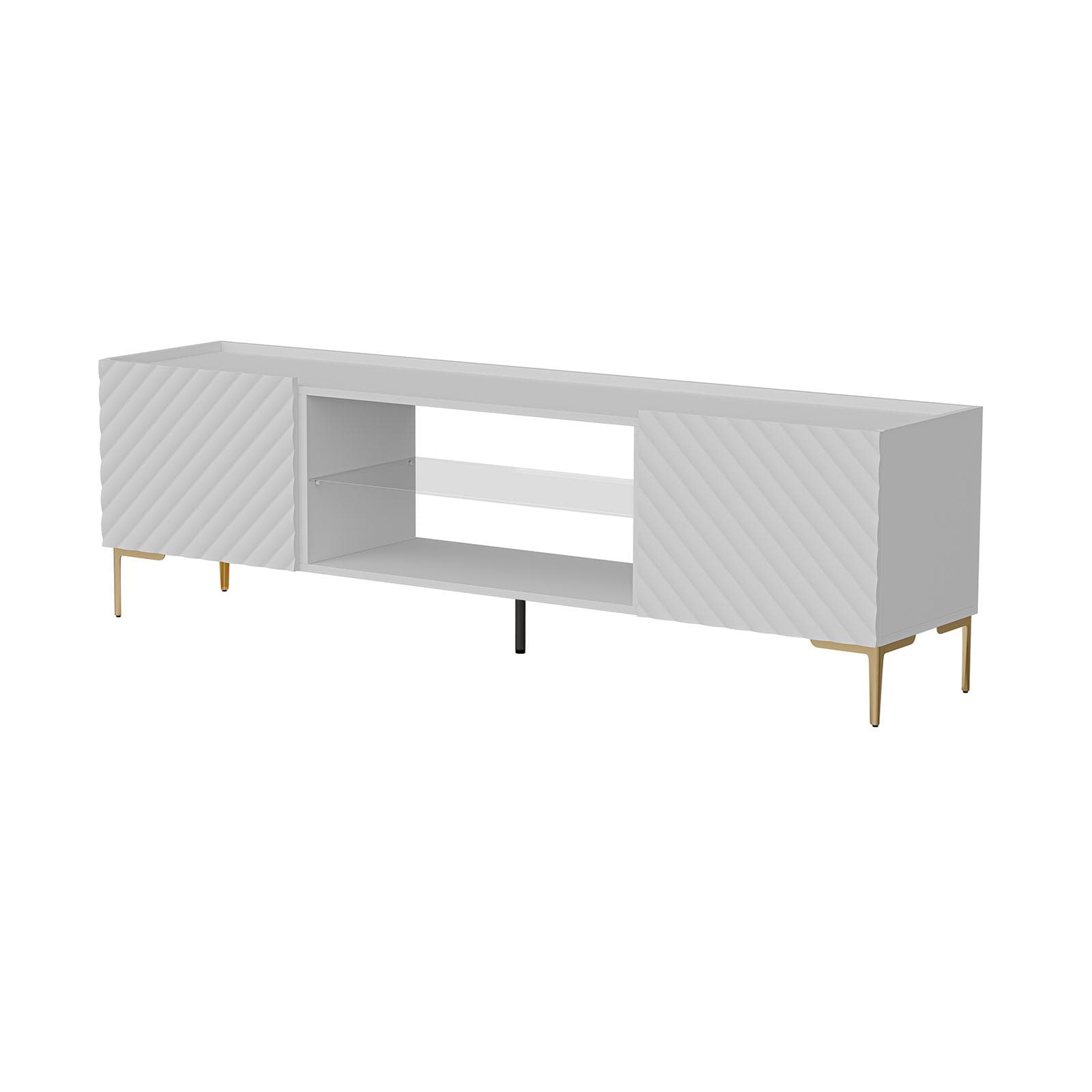 Mobile porta tv 180x54 h cm bianco cannettato obliquo con 2 ante e piedi oro - Emerald