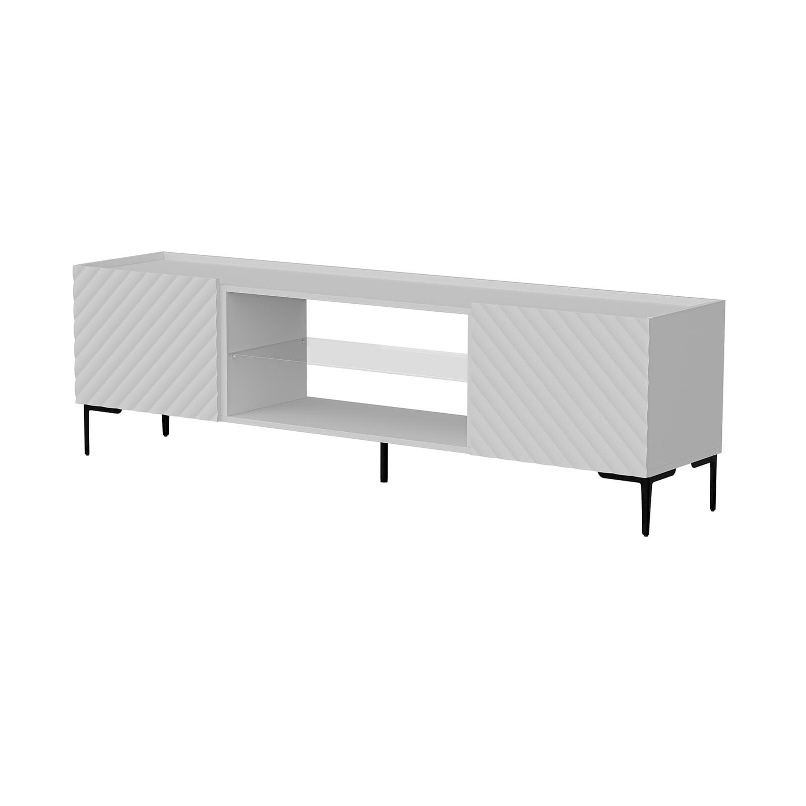Mobile porta tv 180x54 h cm bianco cannettato obliquo con 2 ante e piedi nero - Emerald