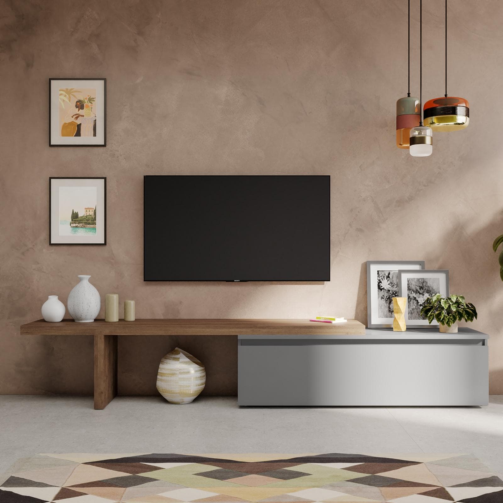 Mobile porta tv 184-270x44h cm mercure con cassettone ardesia - Clary