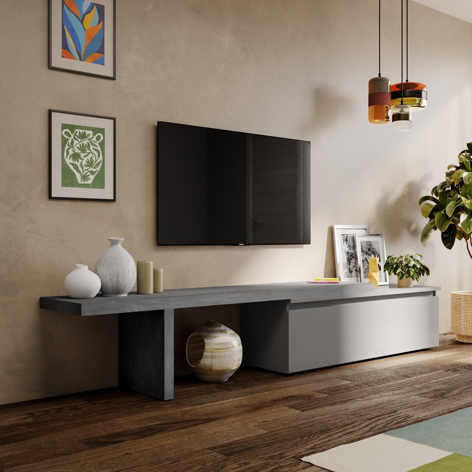 Mobile porta tv 184-270x44h cm piombo con cassettone ardesia - Clary