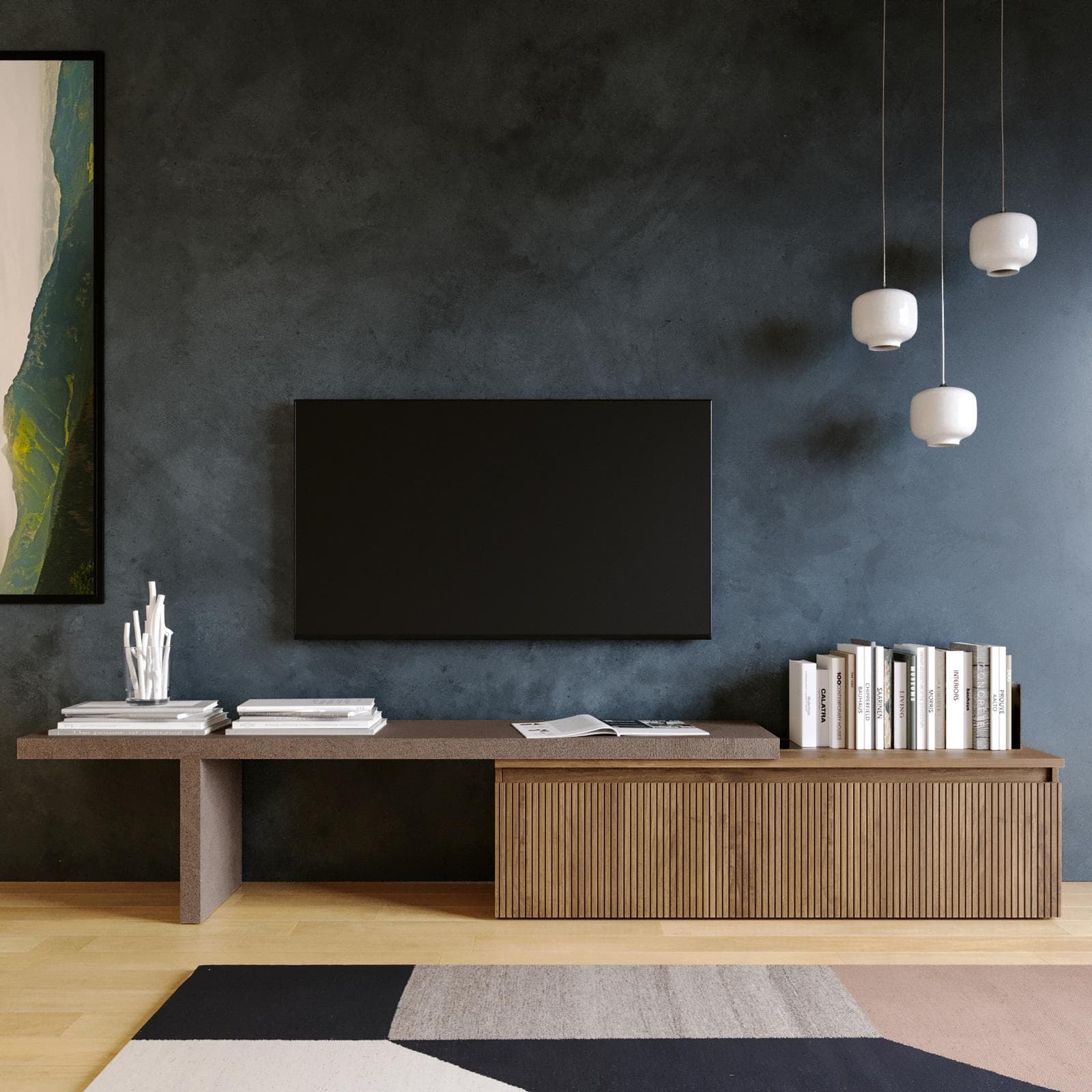 Mobile porta tv 184-270x44h cm bronzo con cassettone mercure cannettato - Clary