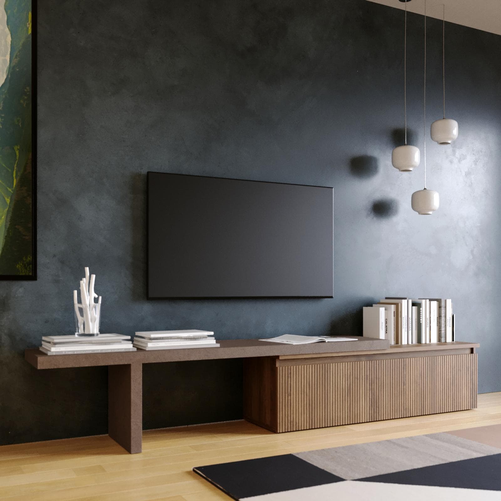 Mobile porta tv 184-270x44h cm bronzo con cassettone mercure cannettato - Clary
