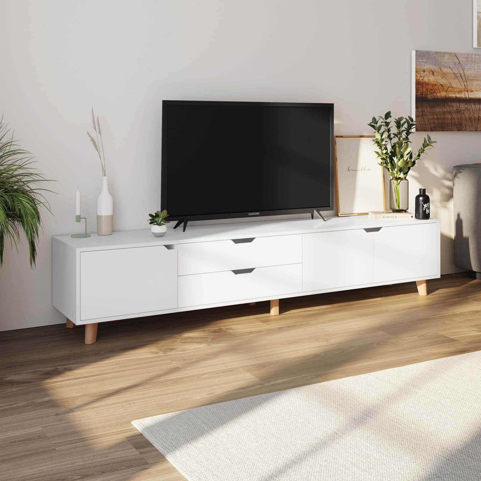 Mobile porta tv 186x42h cm in legno bianco lucido con 3 ante e 2 cassetti - Zylar