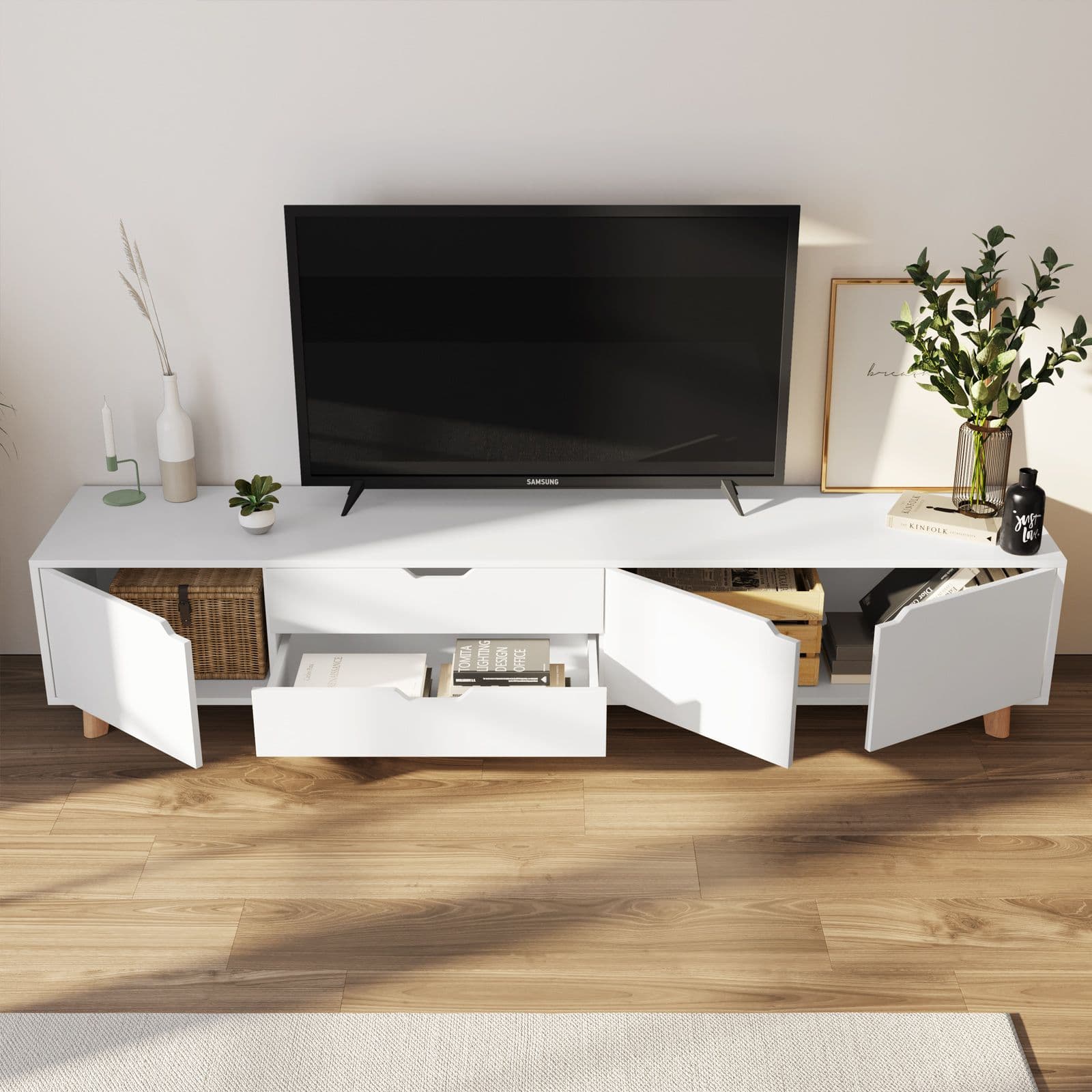 Mobile porta tv 186x42h cm in legno bianco lucido con 3 ante e 2 cassetti - Zylar