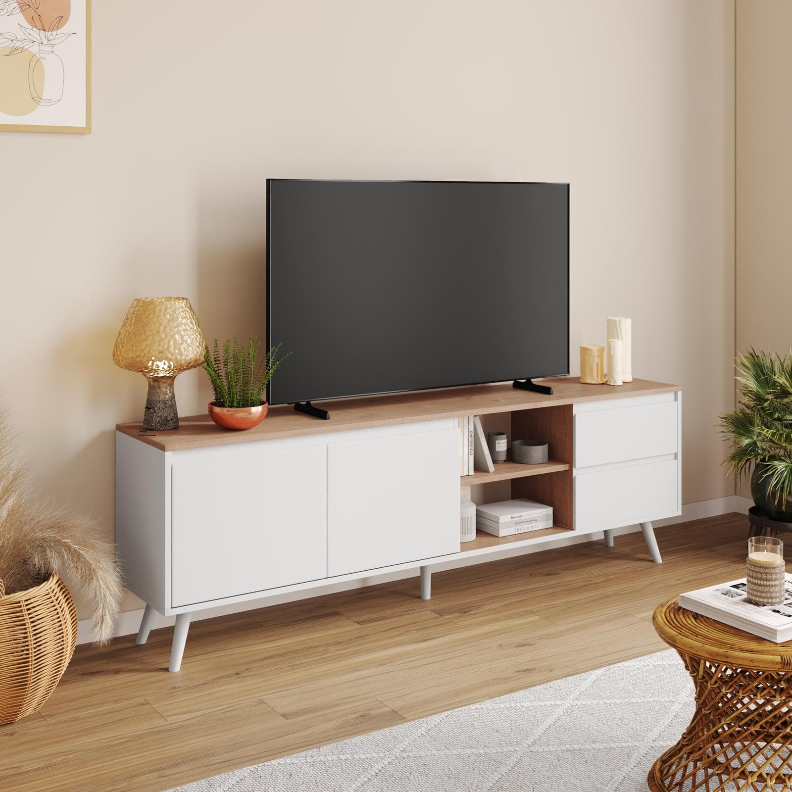 Mobile porta tv 186x59h cm effetto rovere con 2 ante e 2 cassetti bianco - Jaydence