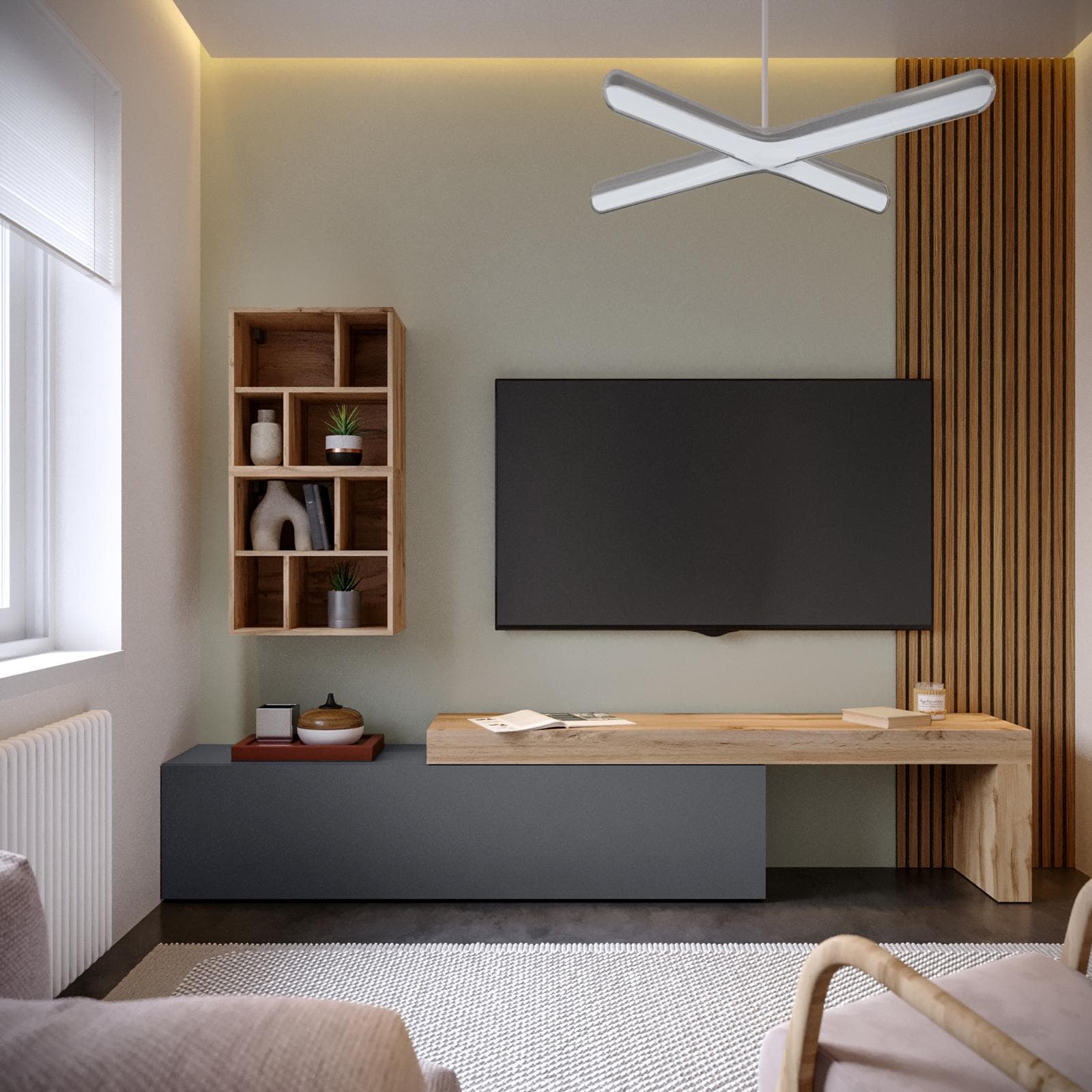 Mobile porta tv 190-350x40h cm rovere wotan e antracite con 1 anta - Kayros
