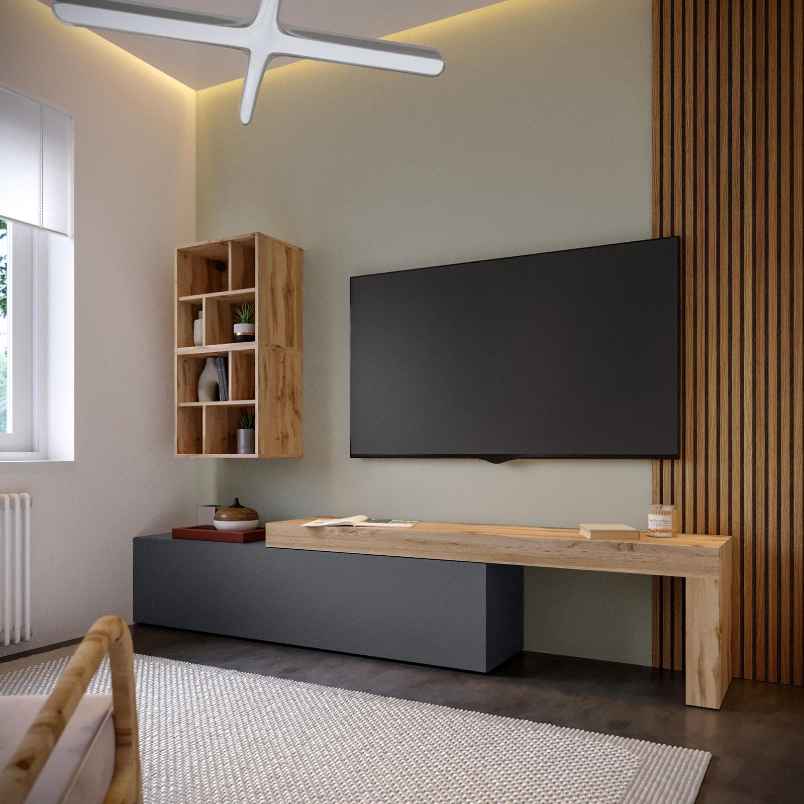 Mobile porta tv 190-350x40h cm rovere wotan e antracite con 1 anta - Kayros