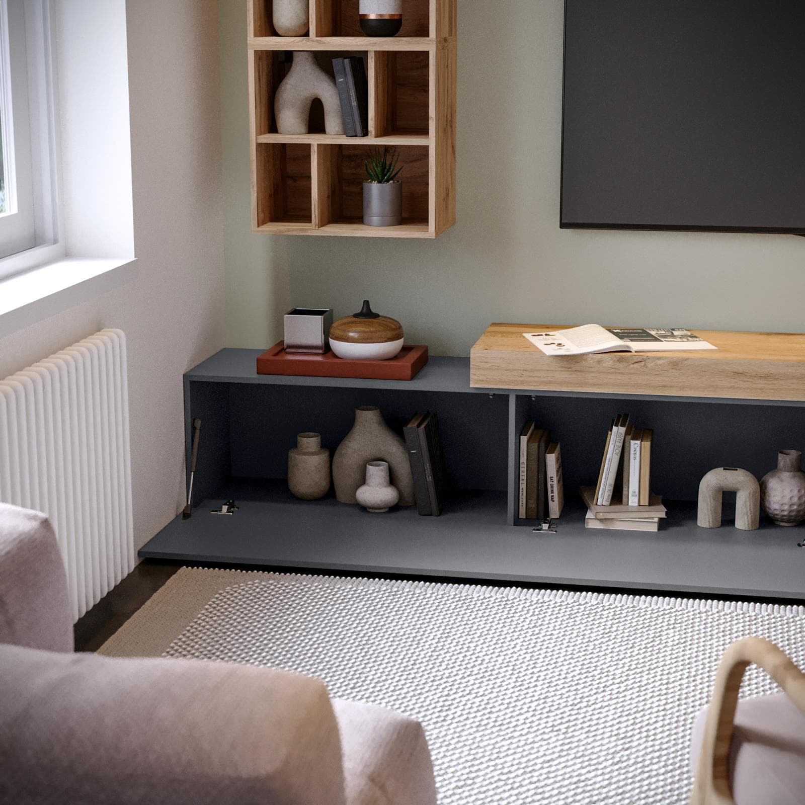 Mobile porta tv 190-350x40h cm rovere wotan e antracite con 1 anta - Kayros