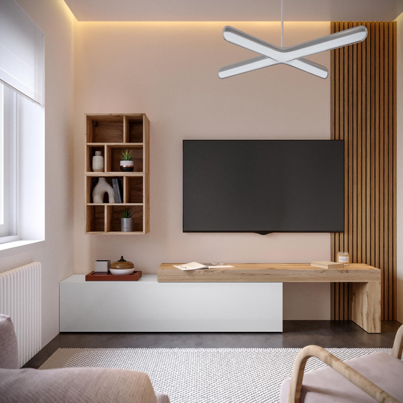 Mobile porta tv 190-350x40h cm rovere wotan e bianco lucido con 1 anta - Kayros
