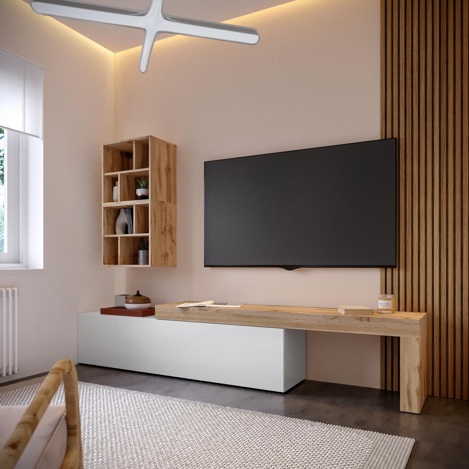 Mobile porta tv 190-350x40h cm rovere wotan e bianco lucido con 1 anta - Kayros
