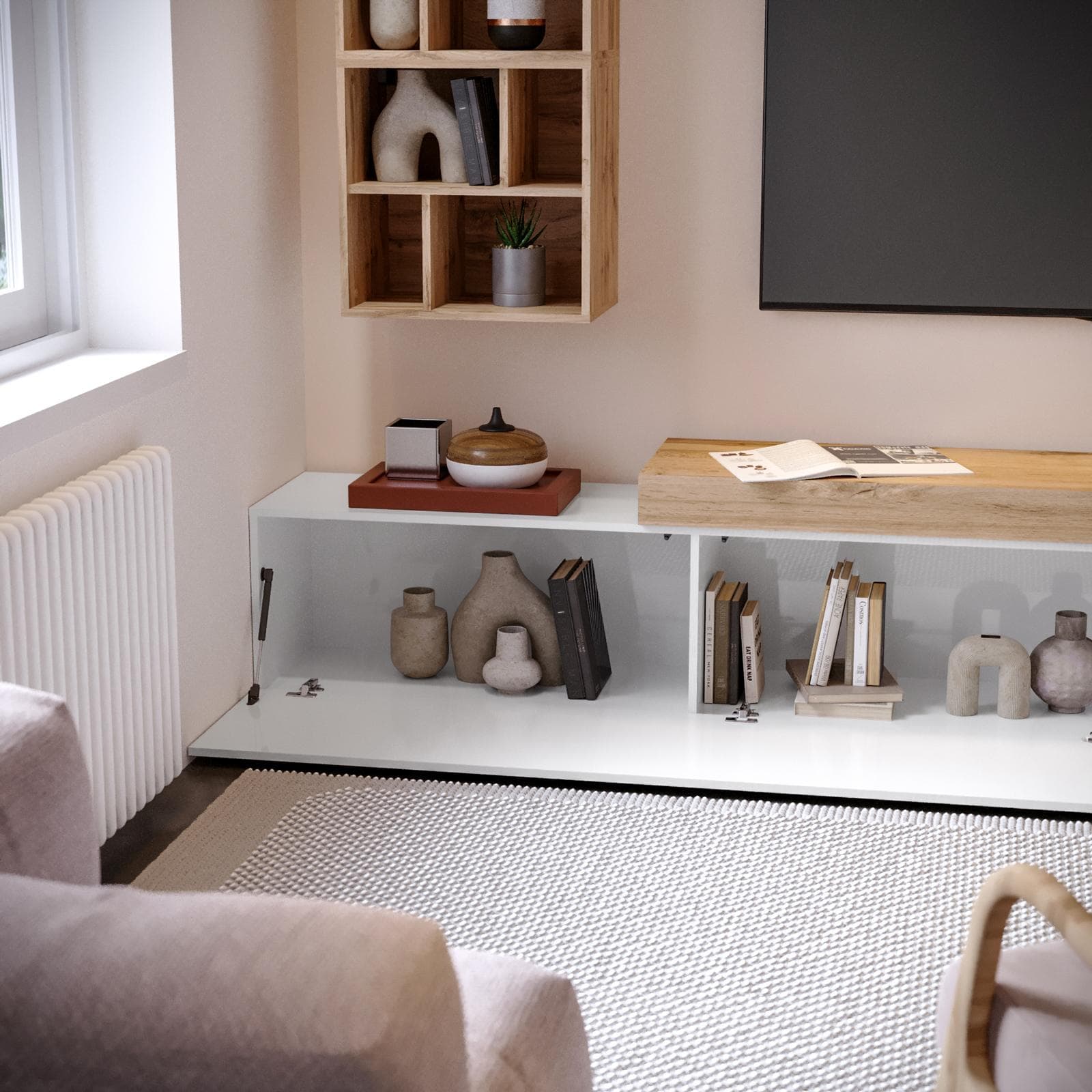 Mobile porta tv 190-350x40h cm rovere wotan e bianco lucido con 1 anta - Kayros