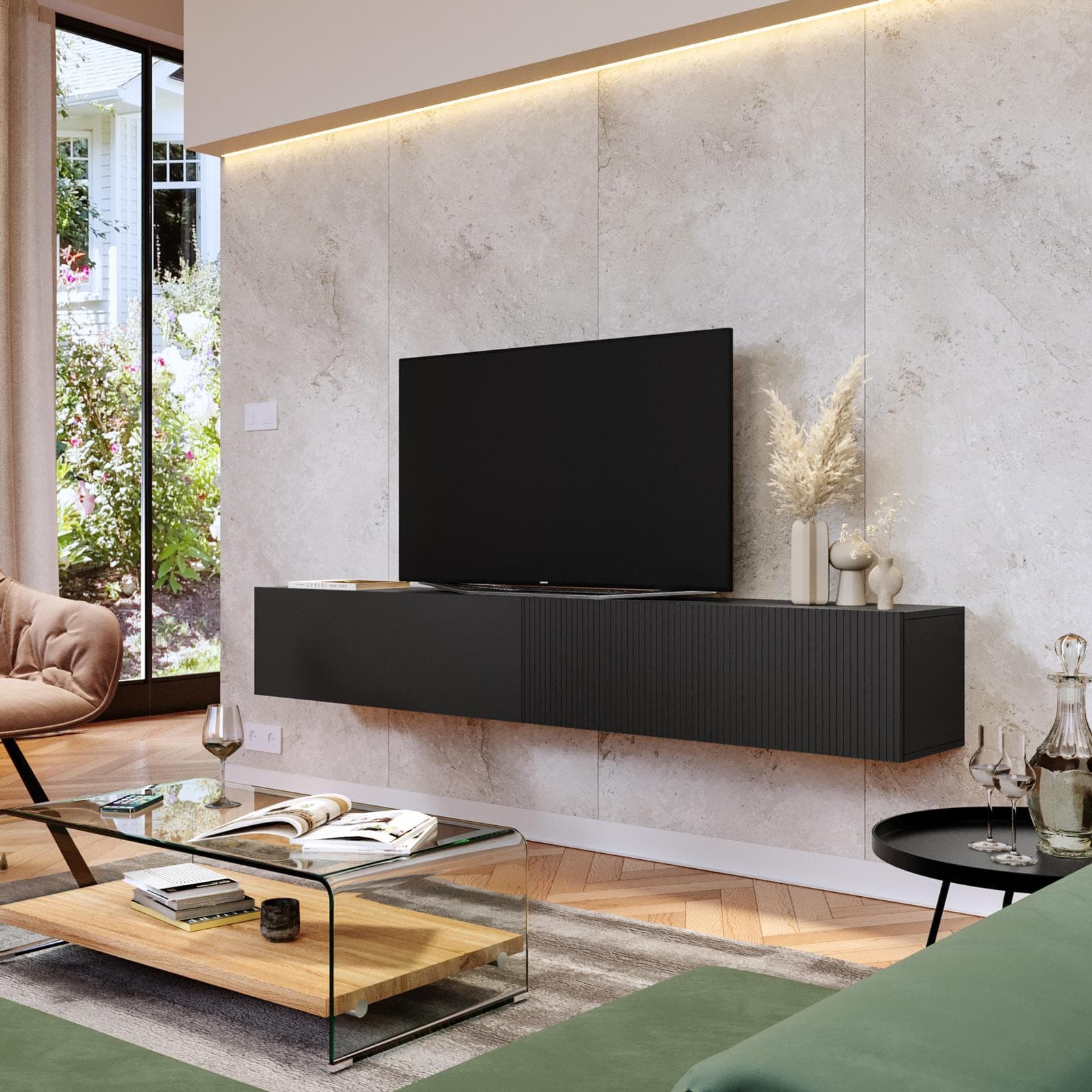 Mobile porta tv 200x31h cm sospeso nero opaco e cannettato con 2 ante - Ingrid