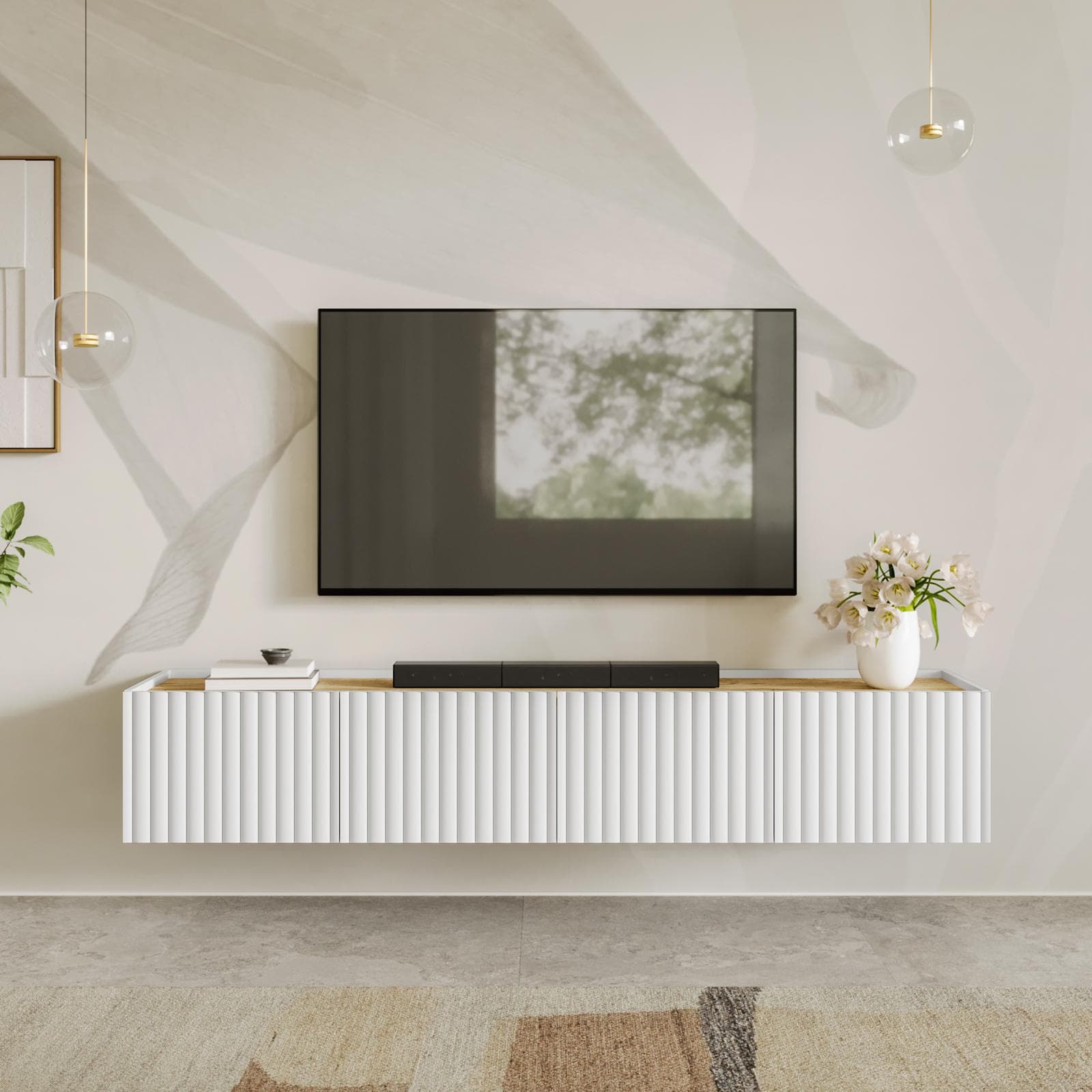 Mobile porta tv sospeso 200x35h cm top effetto rovere con 4 ante bianco cannettato ad onda - Isolde
