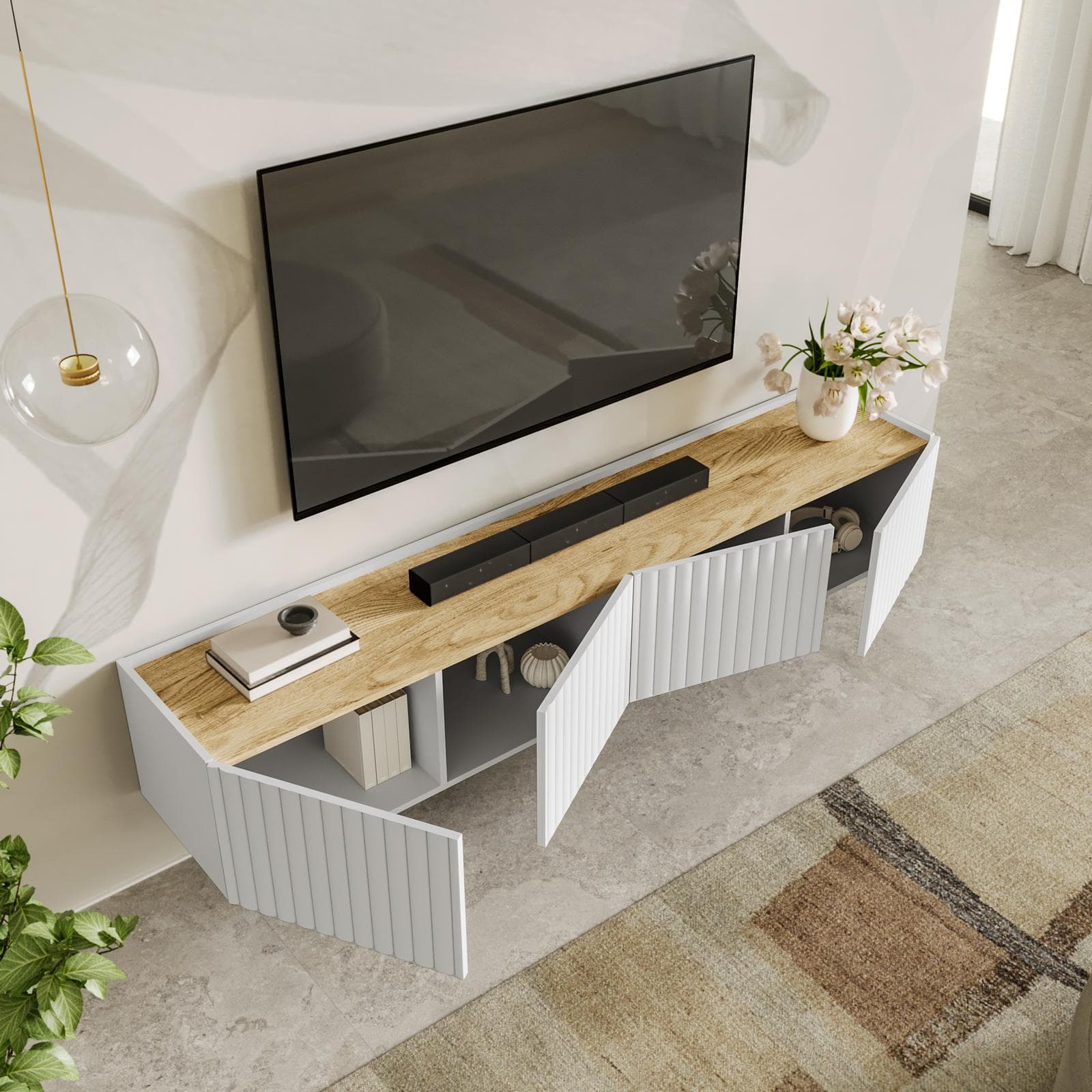 Mobile porta tv sospeso 200x35h cm top effetto rovere con 4 ante bianco cannettato ad onda - Isolde