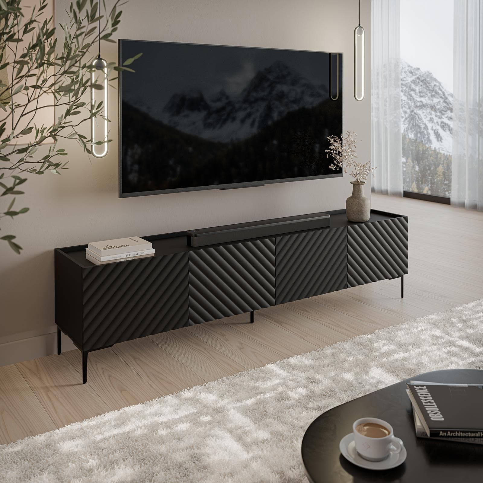 Mobile porta tv 200x54h cm nero cannettato obliquo con 4 ante e piedi nero - Emerald