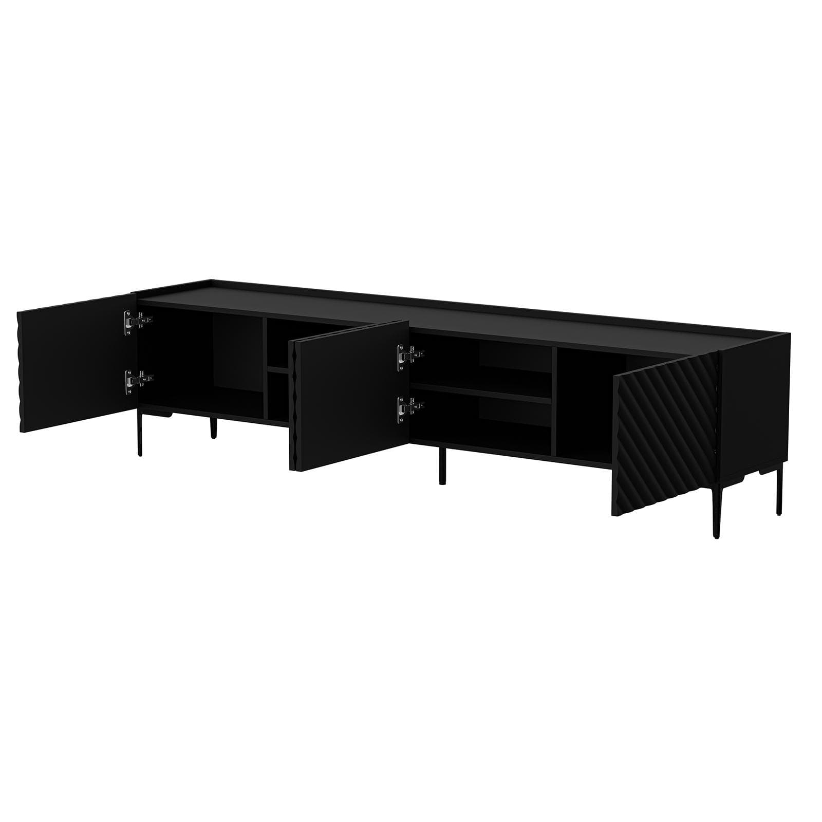 Mobile porta tv 200x54h cm nero cannettato obliquo con 4 ante e piedi nero - Emerald