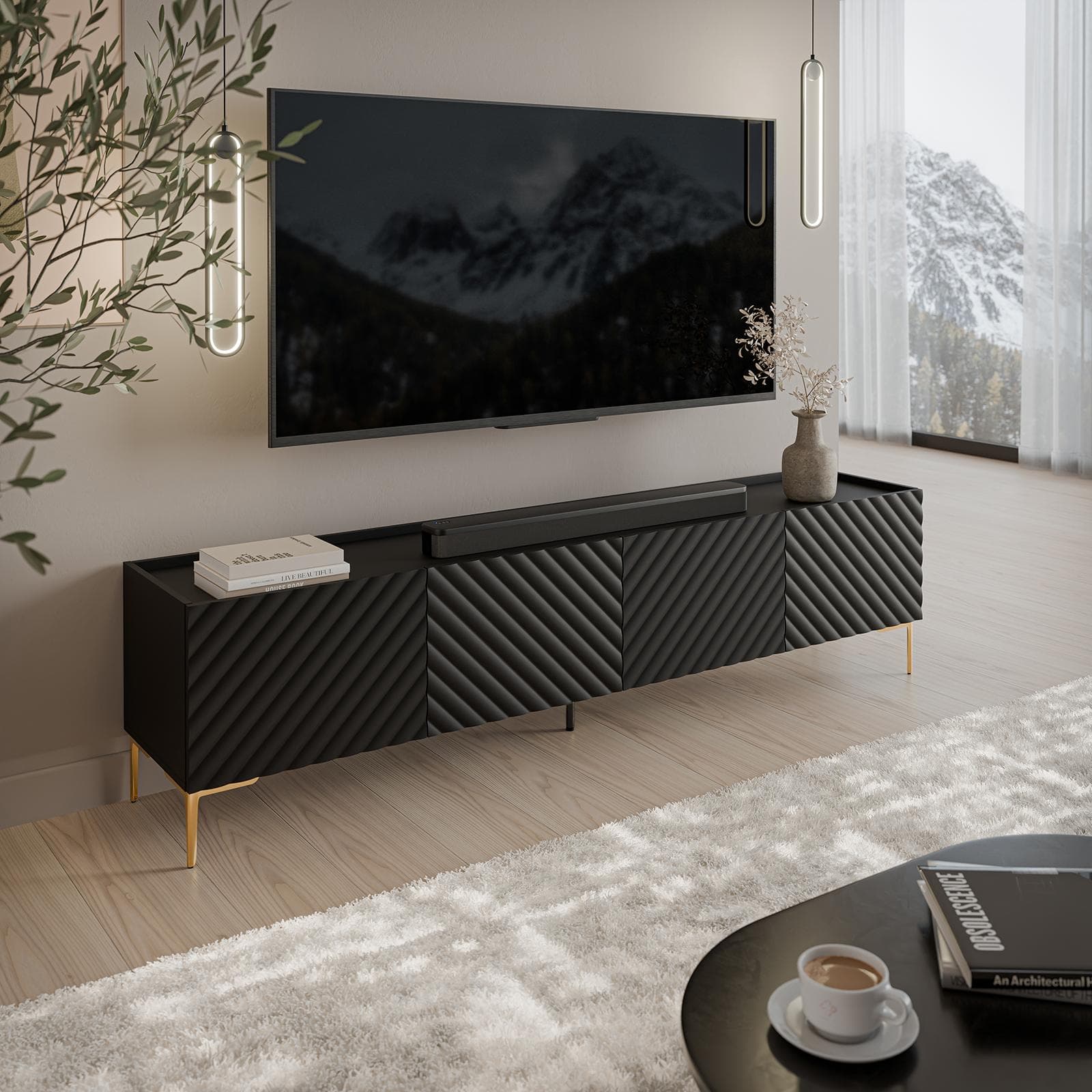 Mobile porta tv 200x54h cm nero cannettato obliquo con 4 ante e piedi oro - Emerald