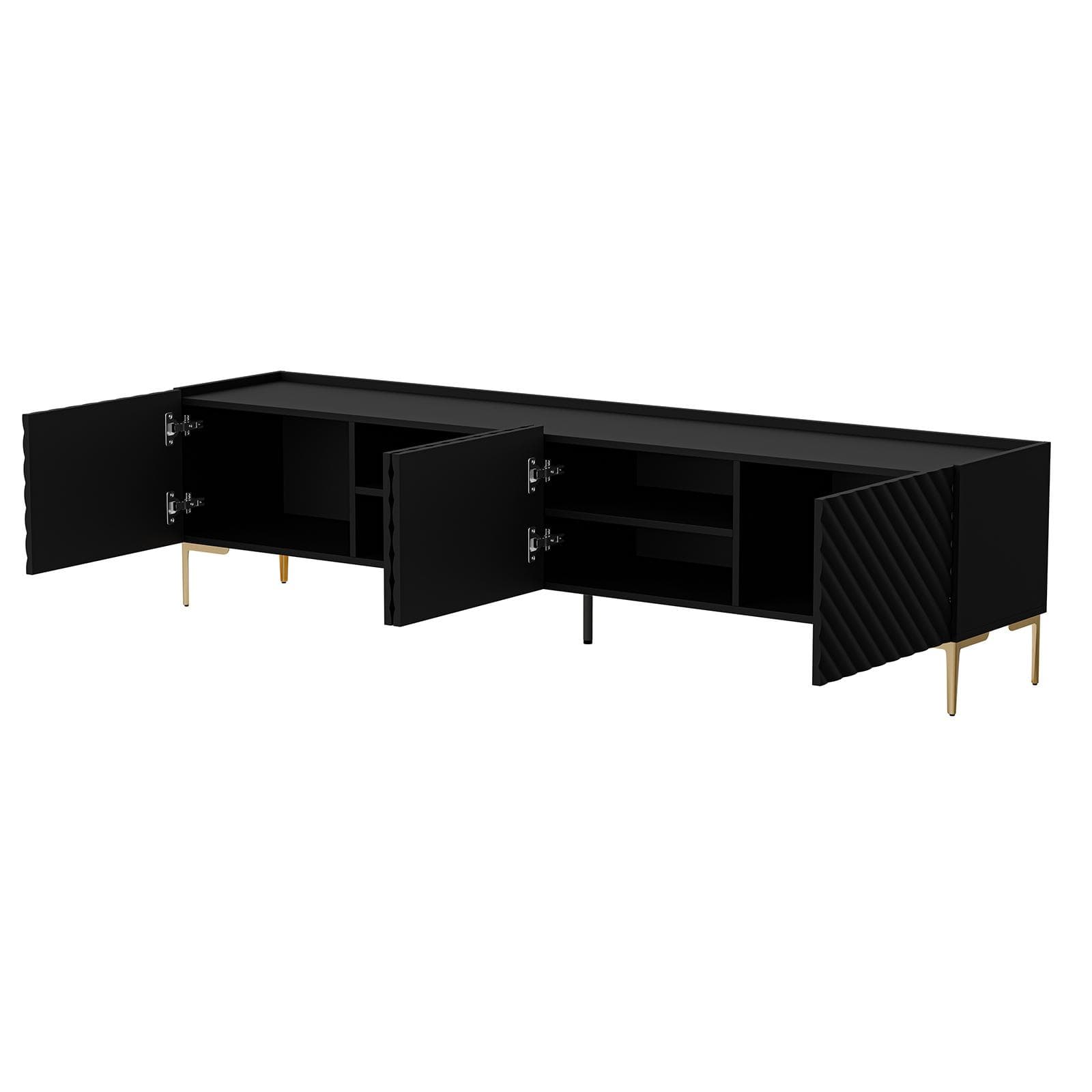 Mobile porta tv 200x54h cm nero cannettato obliquo con 4 ante e piedi oro - Emerald