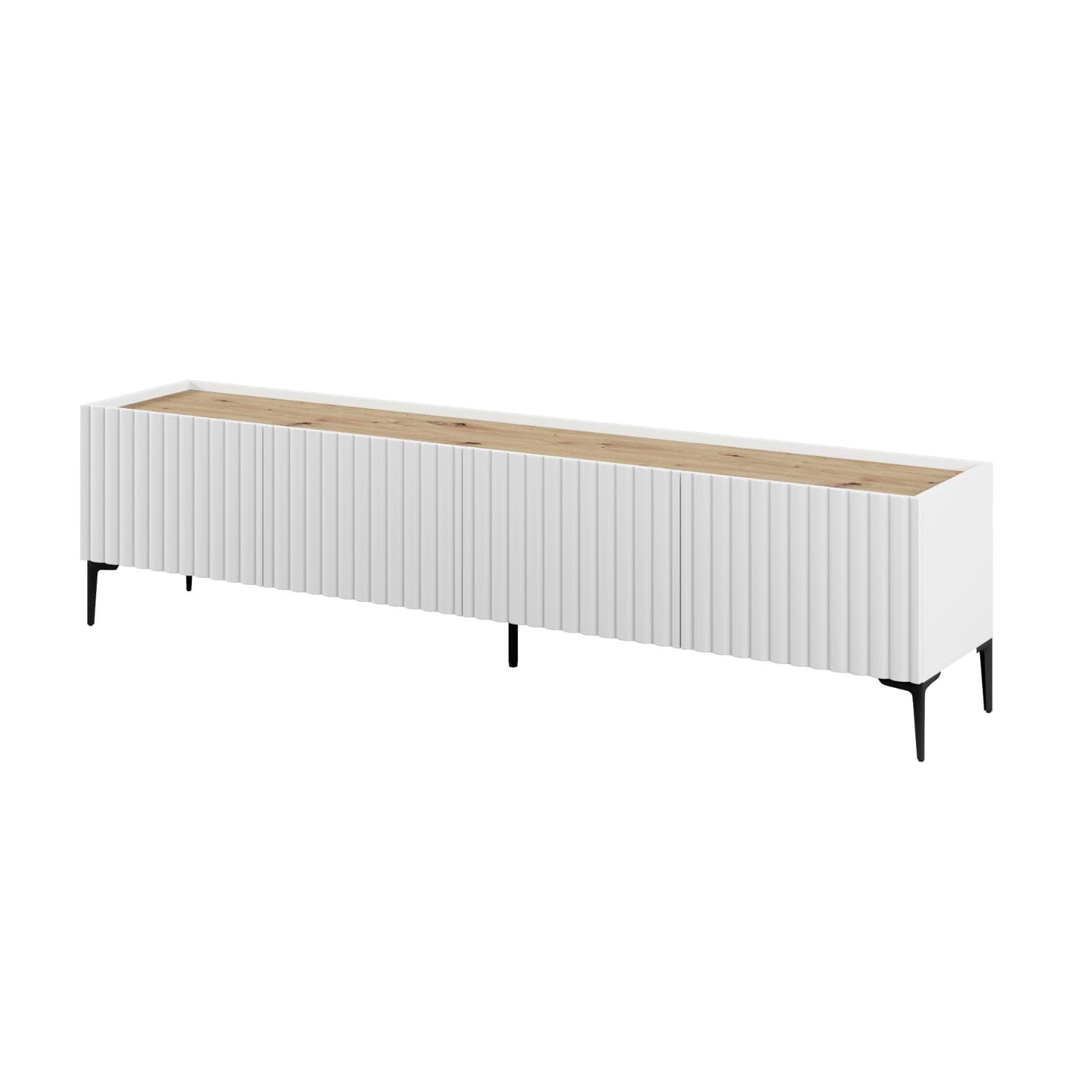 Mobile porta tv 200x50 cm top effetto rovere con 4 ante bianco cannettato ad onda e piedi neri - Isolde