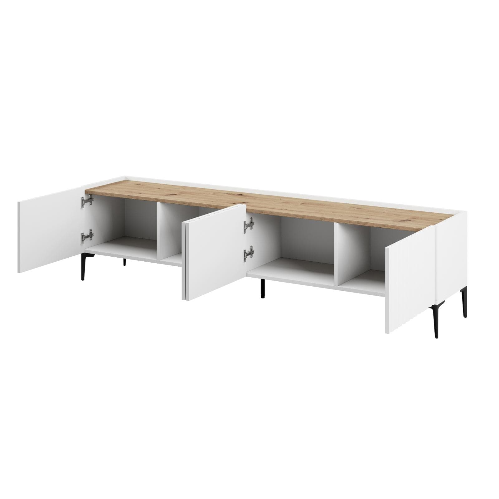 Mobile porta tv 200x50 cm top effetto rovere con 4 ante bianco cannettato ad onda e piedi neri - Isolde