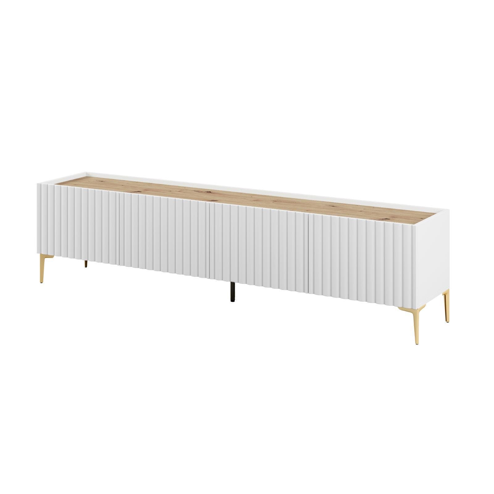 Mobile porta tv 200x50h cm top effetto rovere con 4 ante bianco cannettato ad onda e piedi oro - Isolde