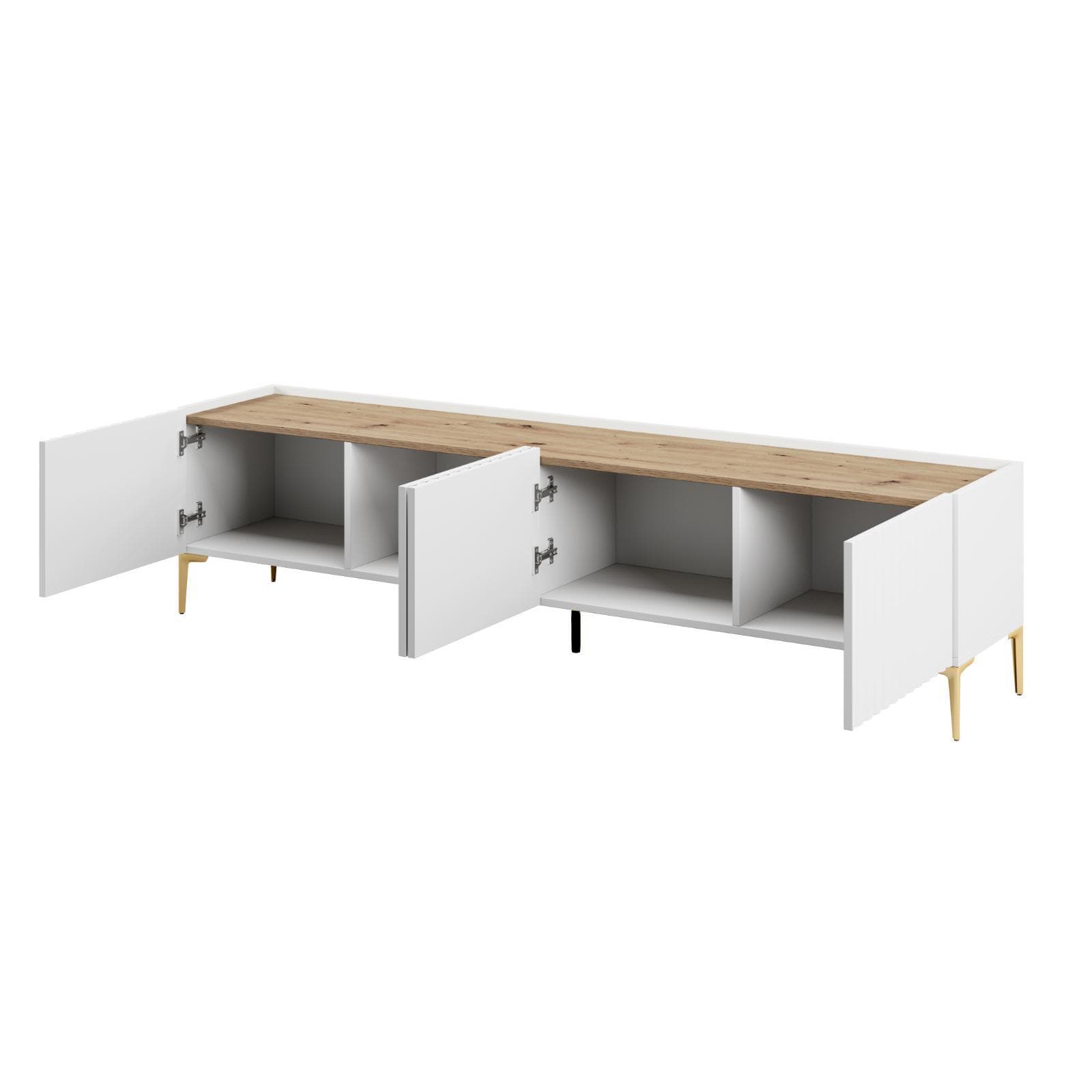 Mobile porta tv 200x50h cm top effetto rovere con 4 ante bianco cannettato ad onda e piedi oro - Isolde